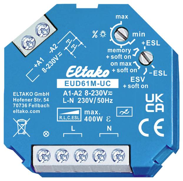 Blue Eltako EUD61N-UC Dimmer for A1-A2, 8-230V applications, max. 400W, 230V/50Hz. Includes symbol-based setting options.