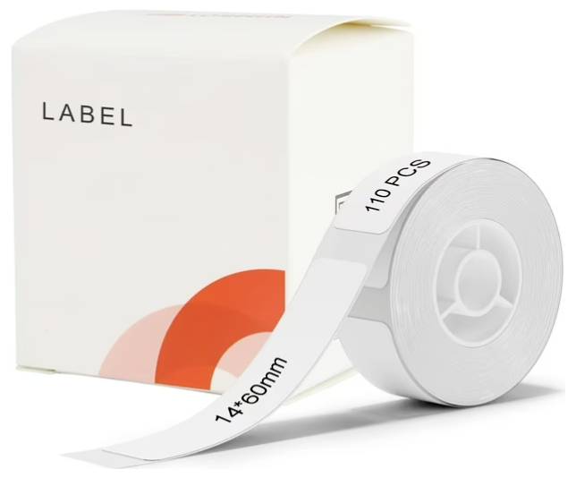 Roll of white labels (14x60mm) printed with '110 PCS' in front of a package with the inscription 'Label' and a red half-circle.