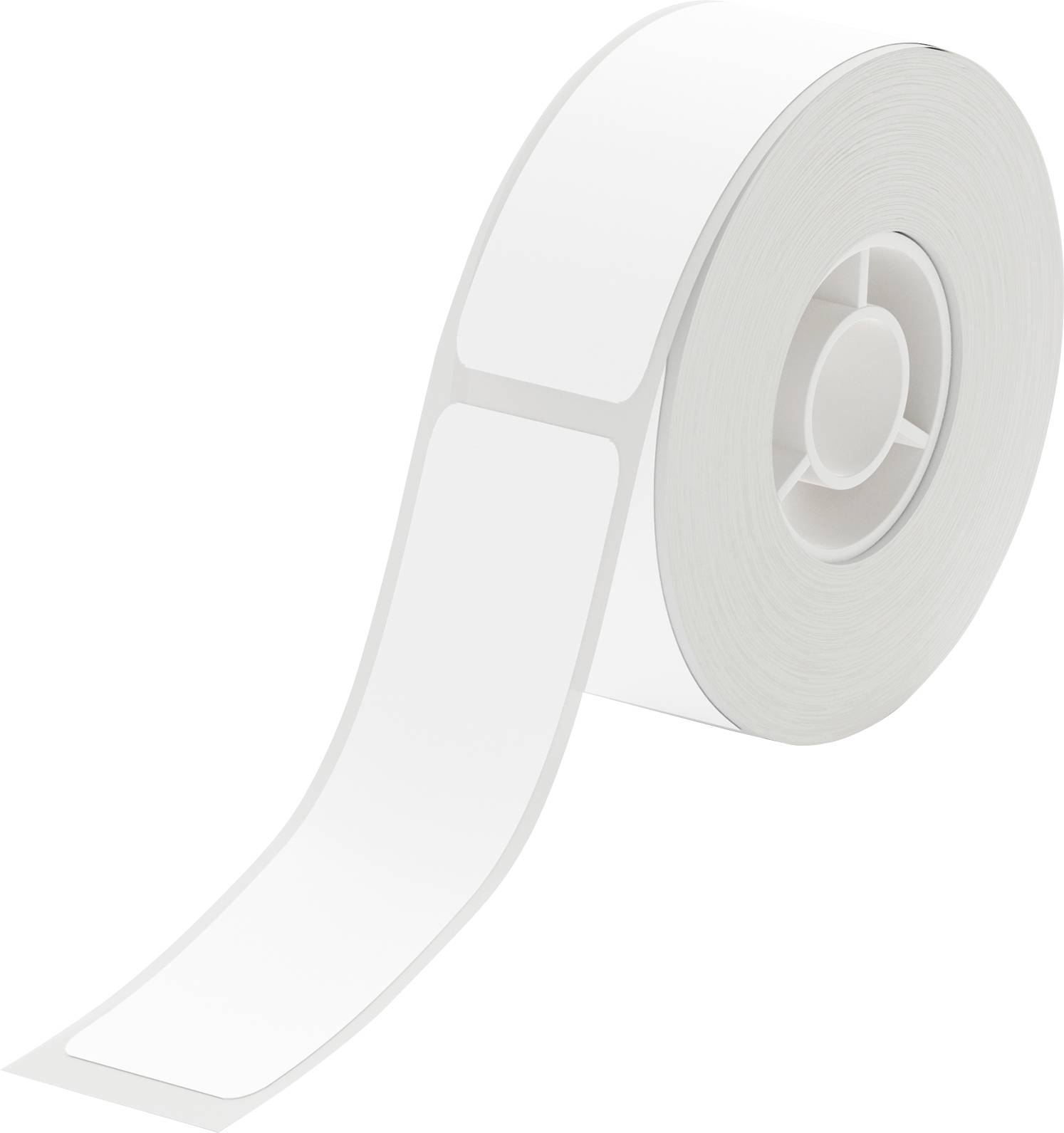 A roll with white labels on a plastic core, ready for use in a label printer.