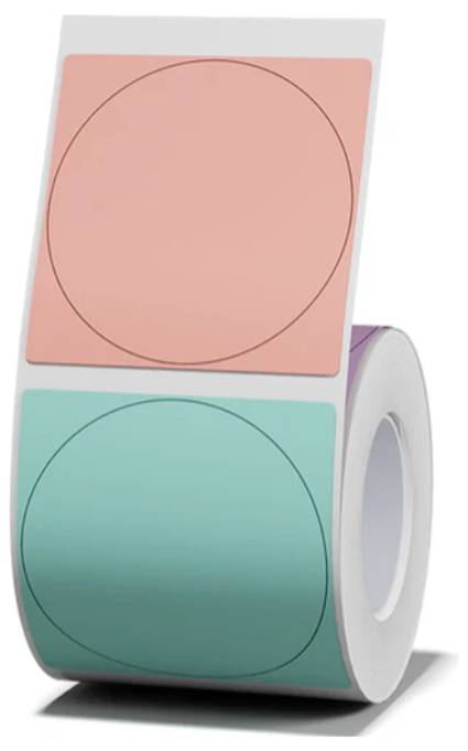 A coloured label roll with alternating pink and turquoise round stickers.