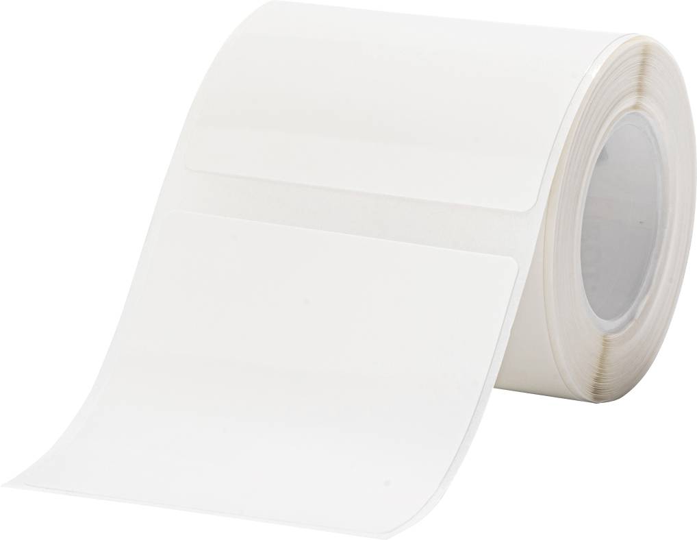 A roll of white, rectangular labels stacked on top of each other, ready for printing or labelling.