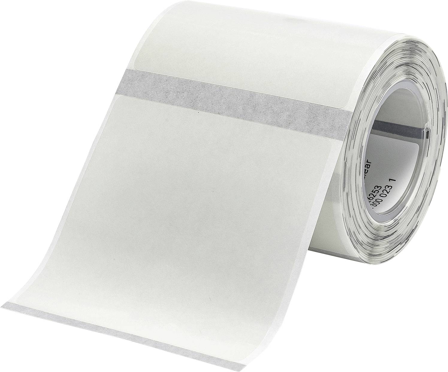 A roll of white label paper with a grey stripe in the middle, ready for writing and sticking.