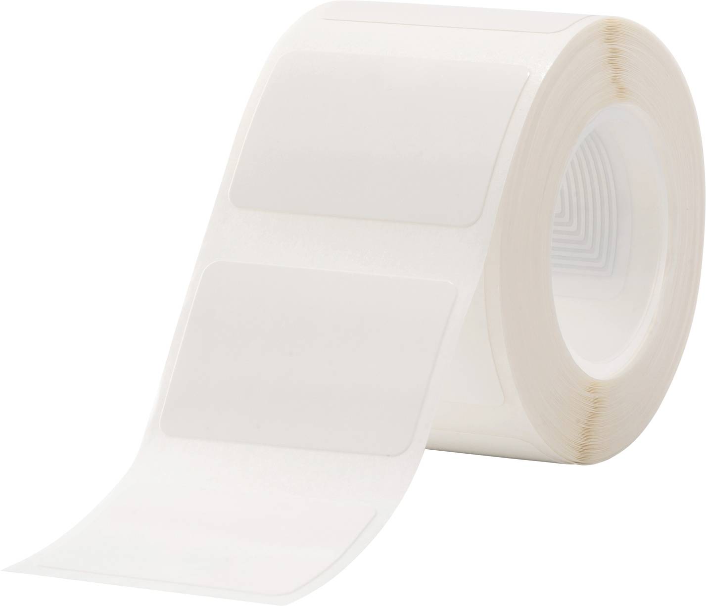 A roll of white, rectangular labels mounted on a smooth paper backing. They are intended for labelling purposes.