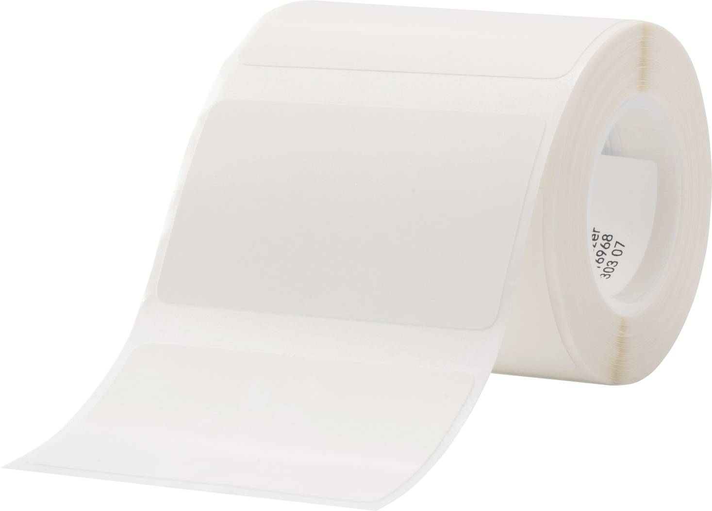 A roll of white labels with removable adhesive, suitable for printers or manual labelling.