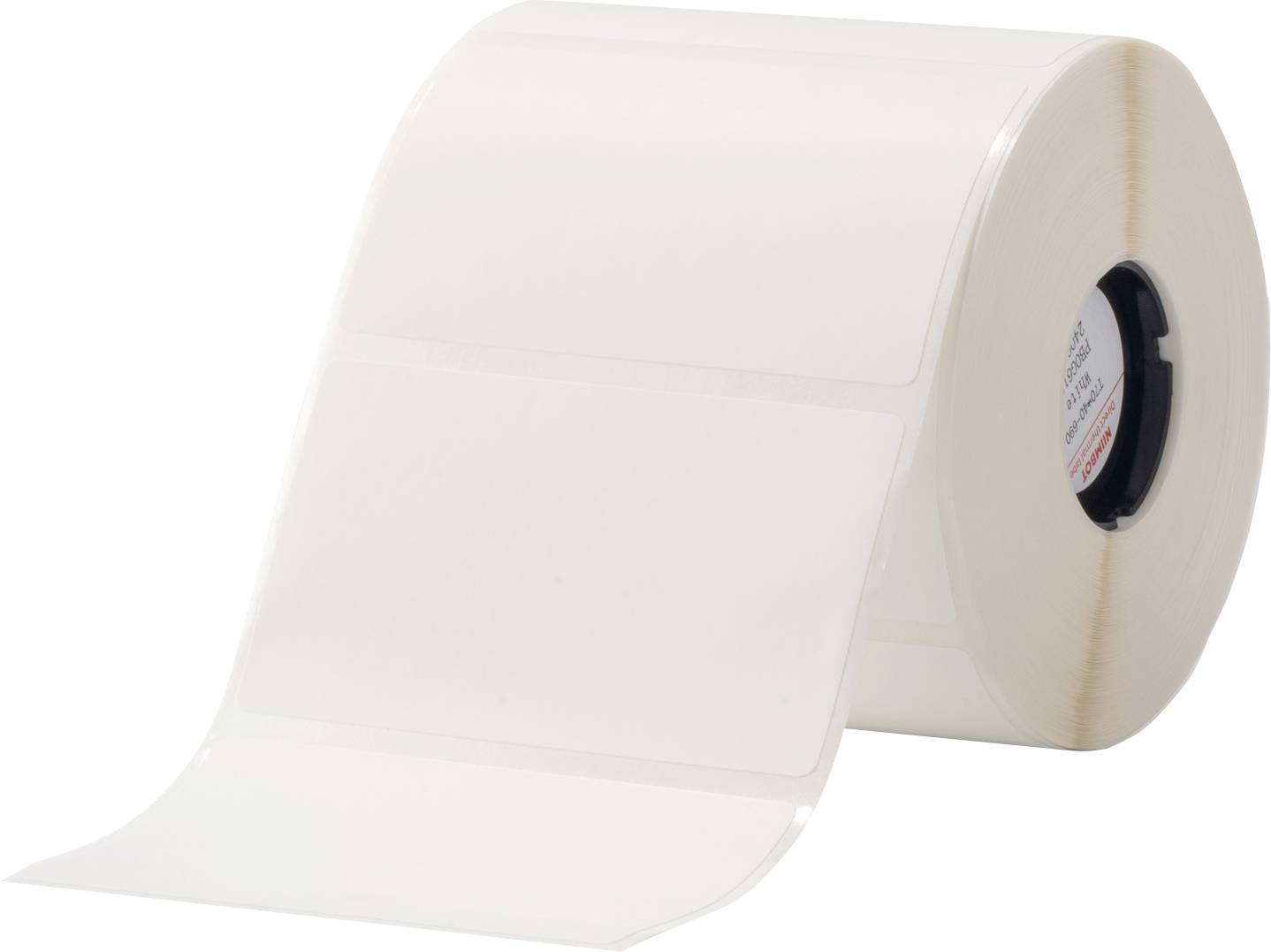 White label roll, partially unrolled, on a light background.