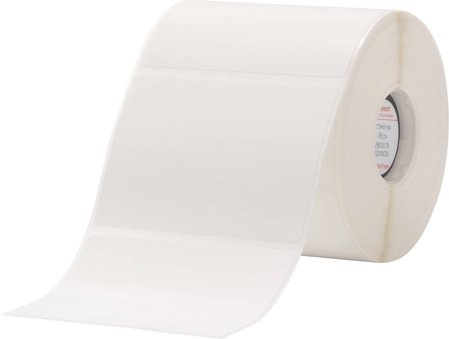 A roll of white labels with a smooth surface, suitable for printers and labelling devices.