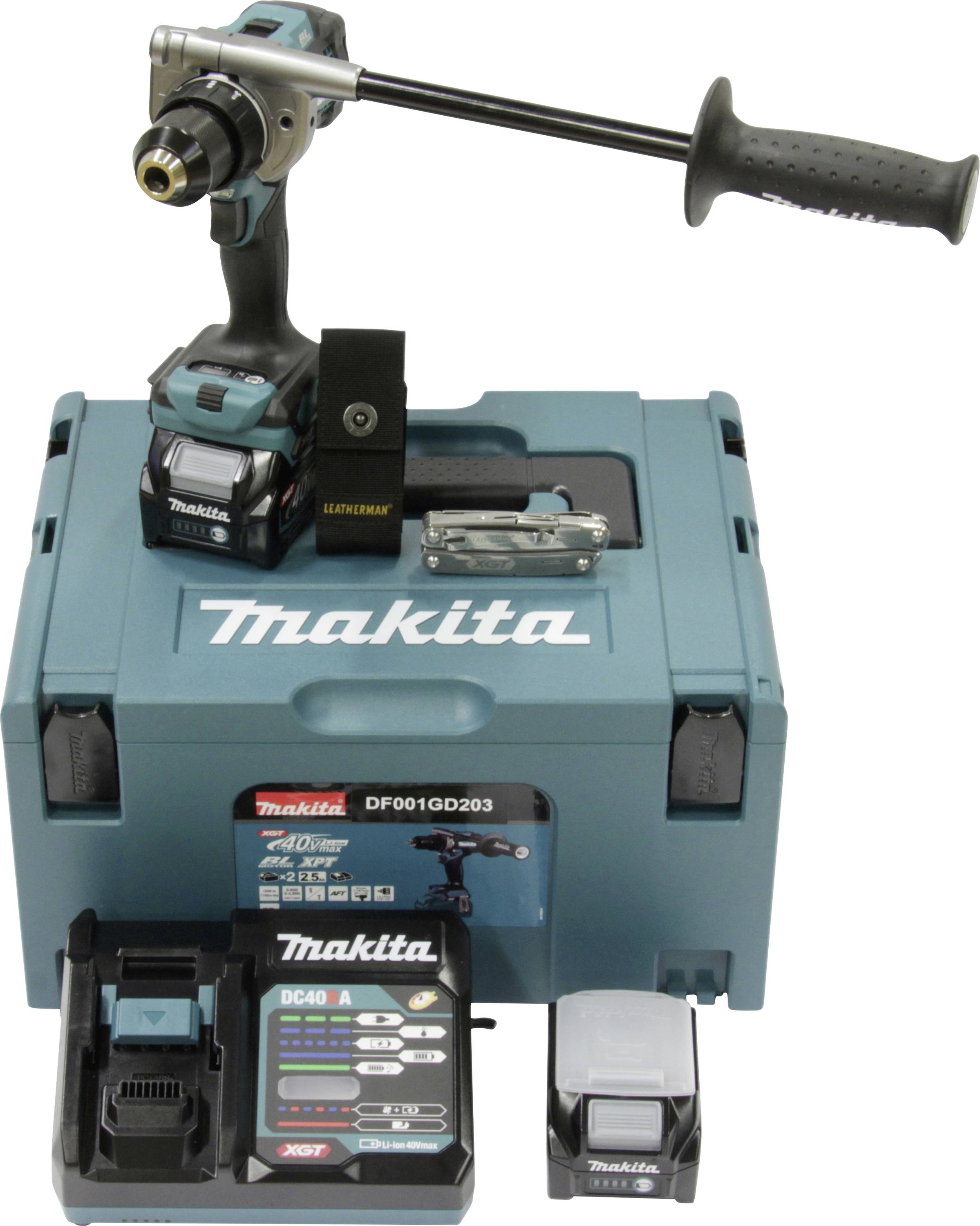 Makita cordless drill set with drill bit, charger, and two batteries resting on a toolbox.