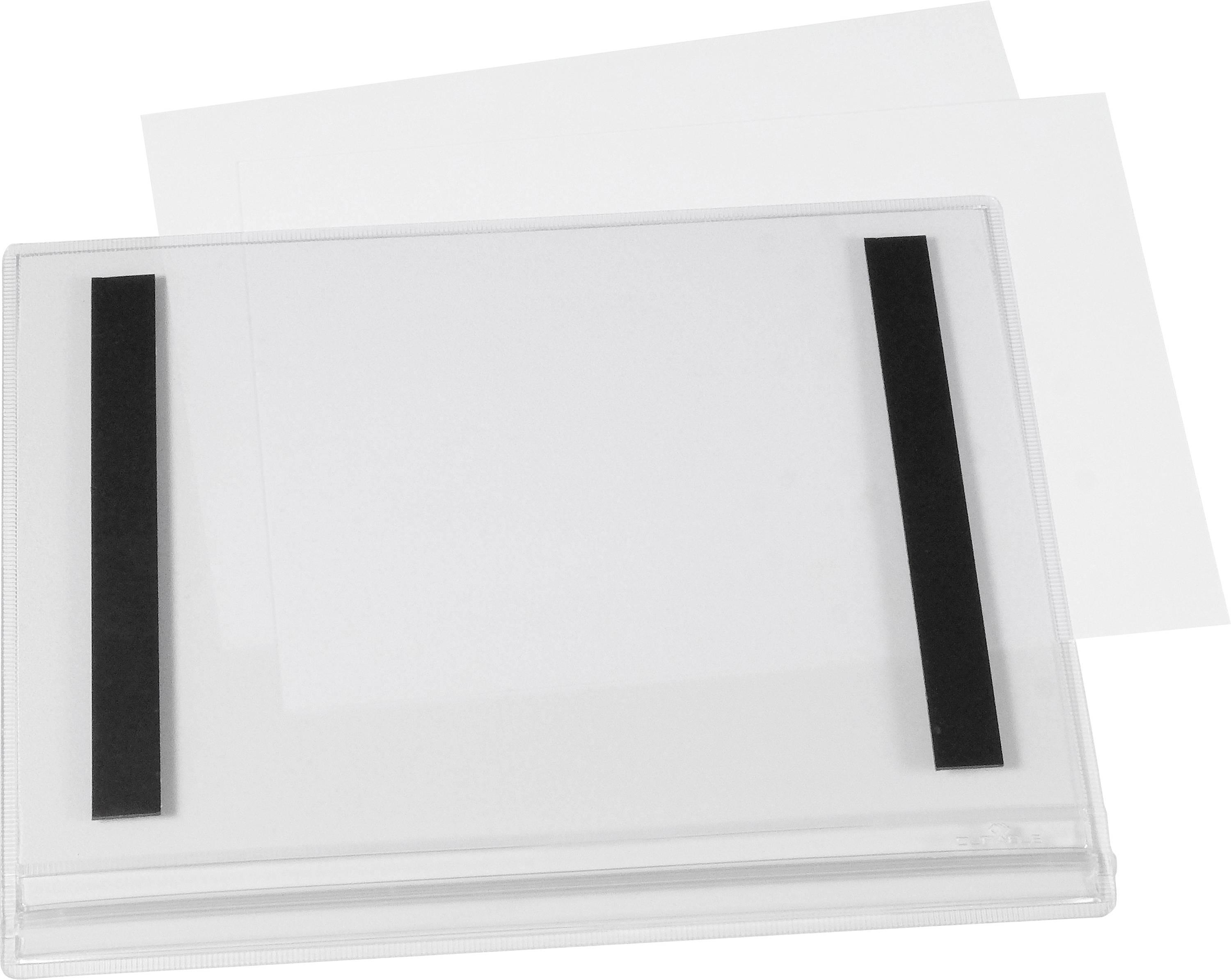A transparent display book with two black stripes on the front is lying on a white background.