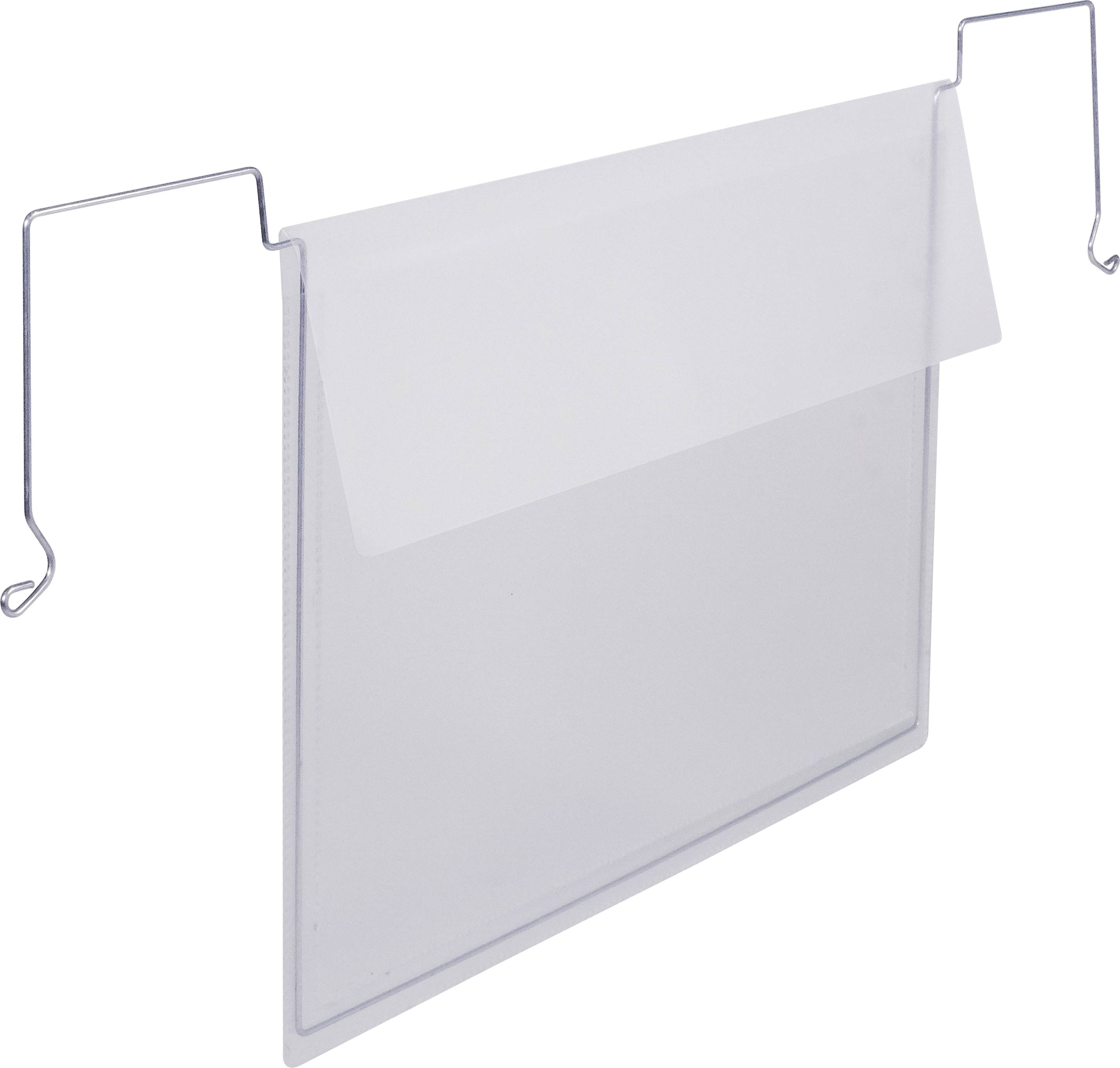 A transparent plastic sign holder with metal hooks, suitable for hanging signs or labels in a business environment.