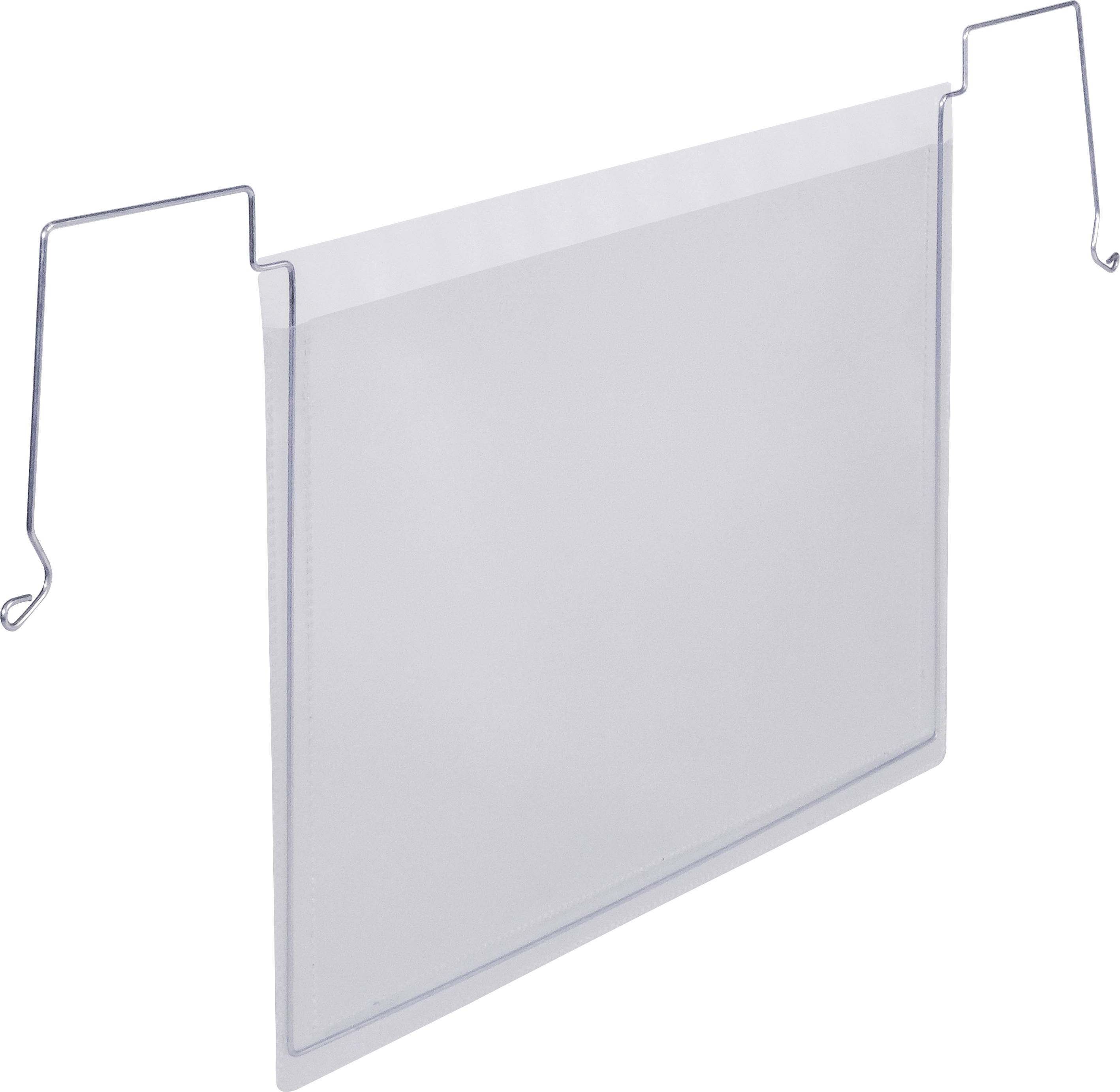 Metal sign holder with transparent, rectangular plastic sign. Suitable for hanging signs or documents.