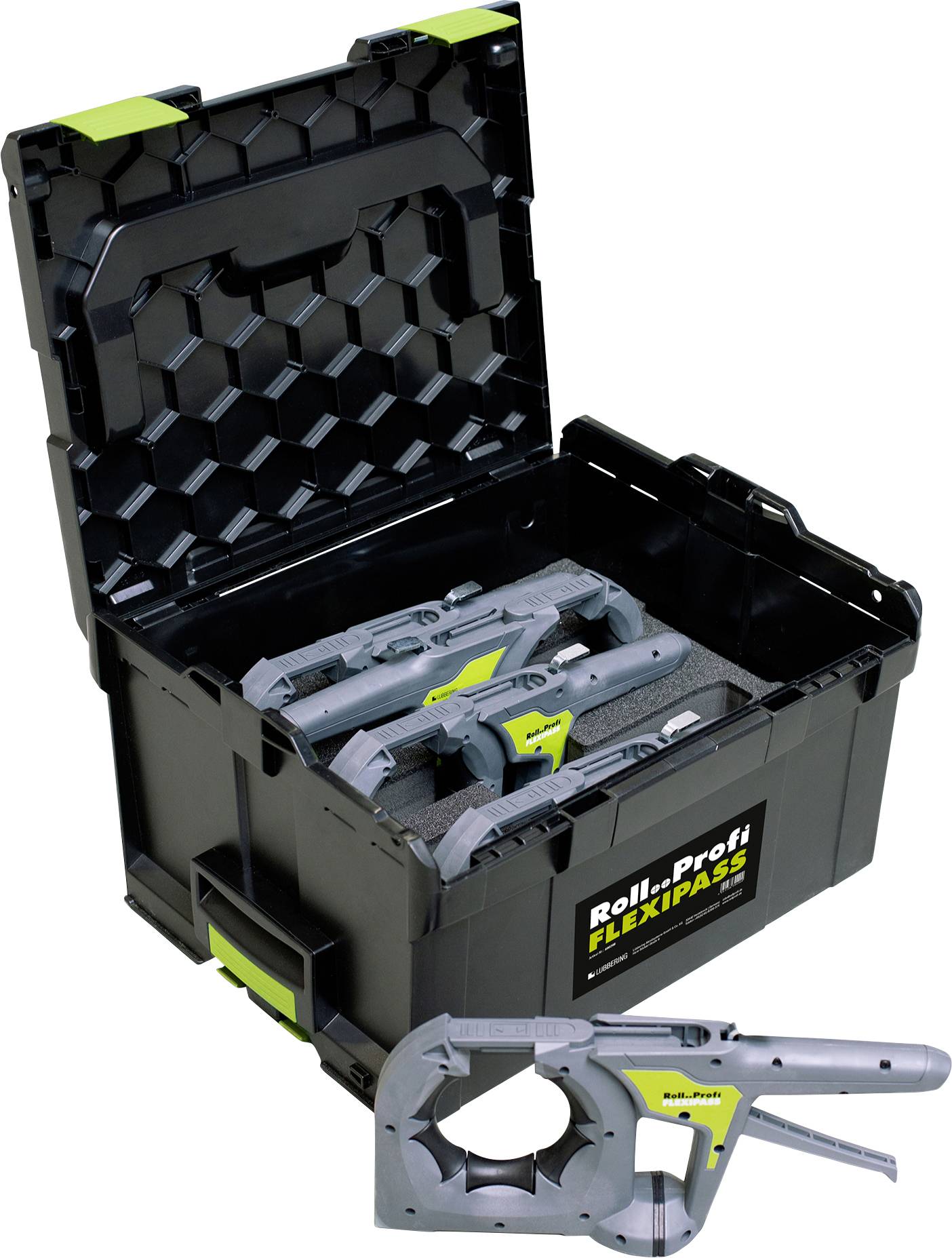 Transport case with open lid displays high-quality pliers and tools from the brand 'Roll•Profi Flexipass'.