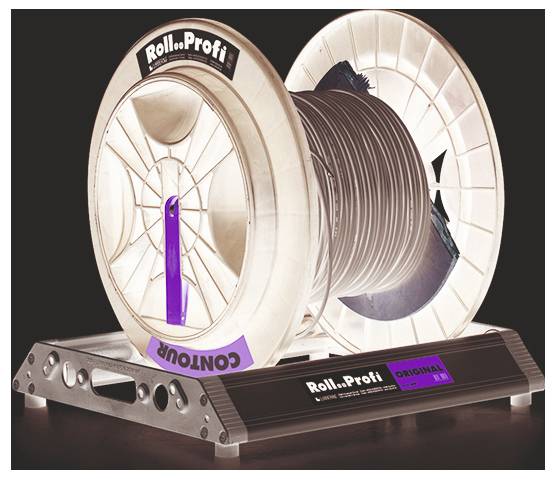 A spool of cable labeled 'Contour' and 'Roll...Profis' on a stand, designed for easy cable dispensing.