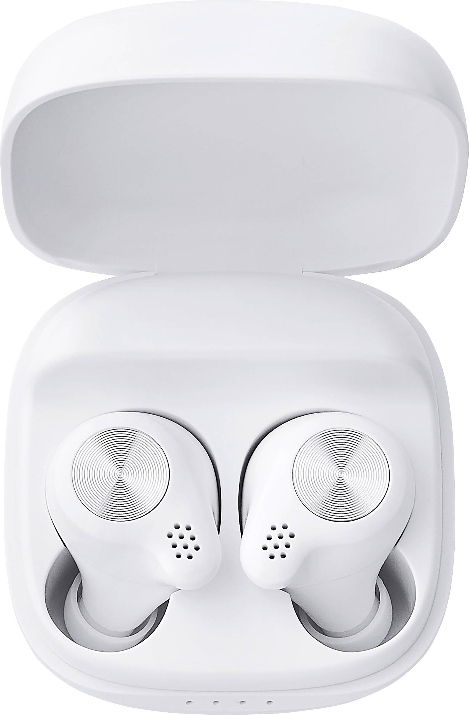 White wireless earbuds in an open charging case. Minimalist design with grey accents on the earphones.