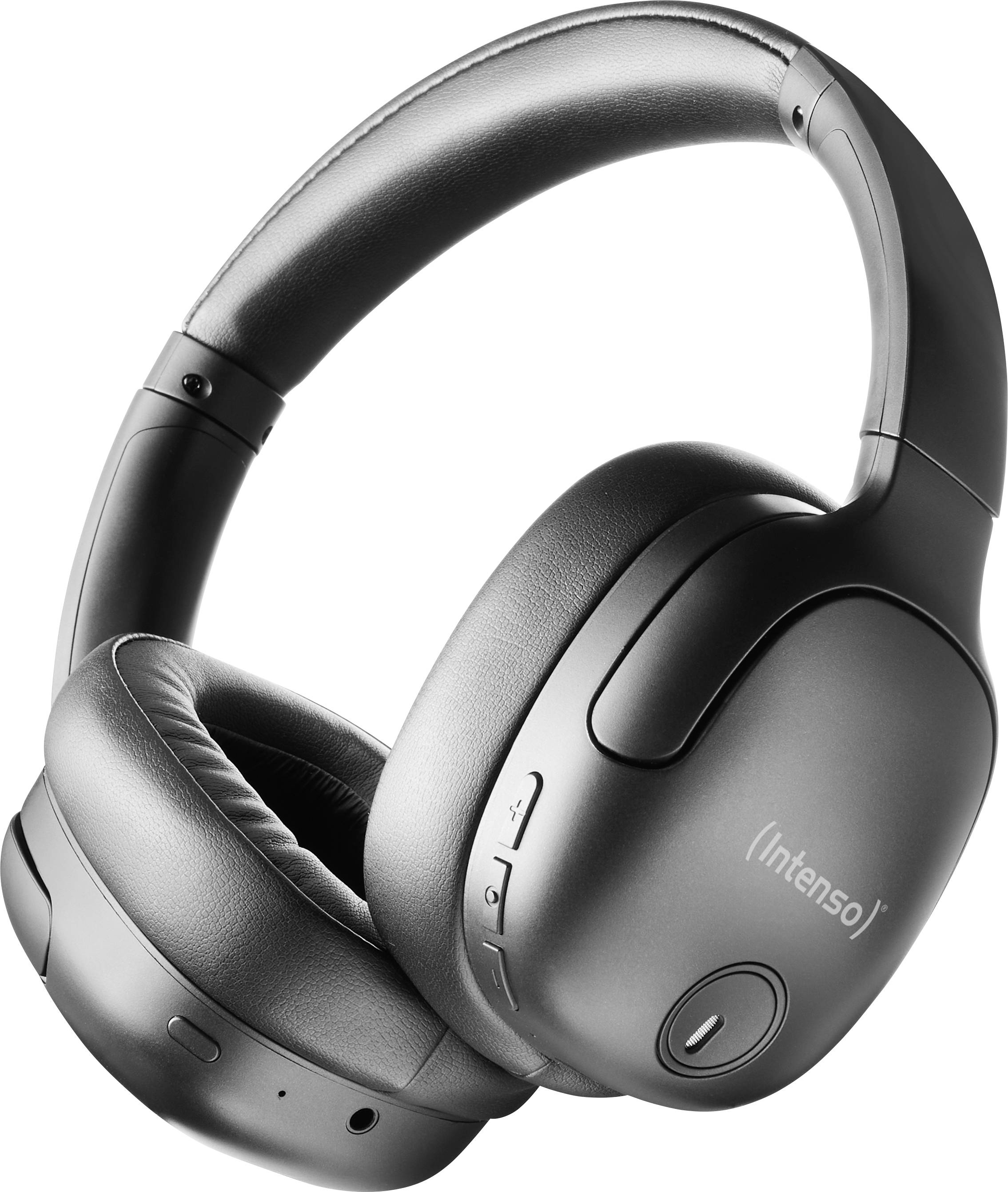 Black wireless headphones with padded ear cups, multiple control buttons and charging plug. Marked with 'Intenso'.