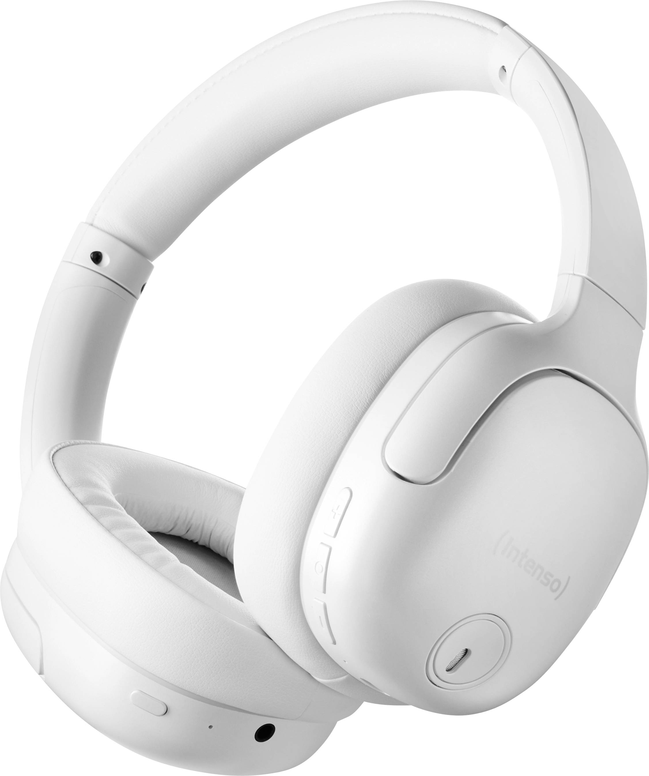 White, wireless over-ear headphones with padded ear cups and side-mounted controls, against a light background.