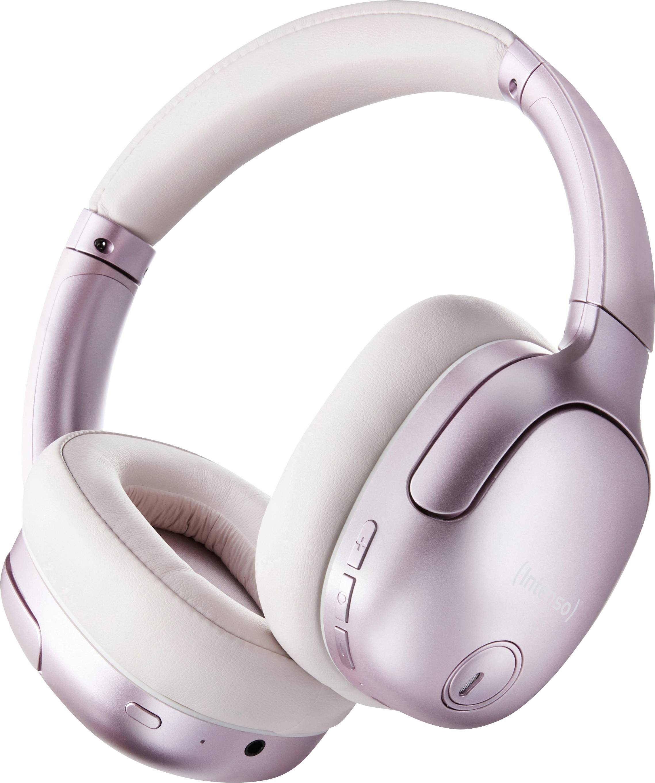 Rose-coloured, wireless over-ear headphones with side control buttons that enable seamless music enjoyment.