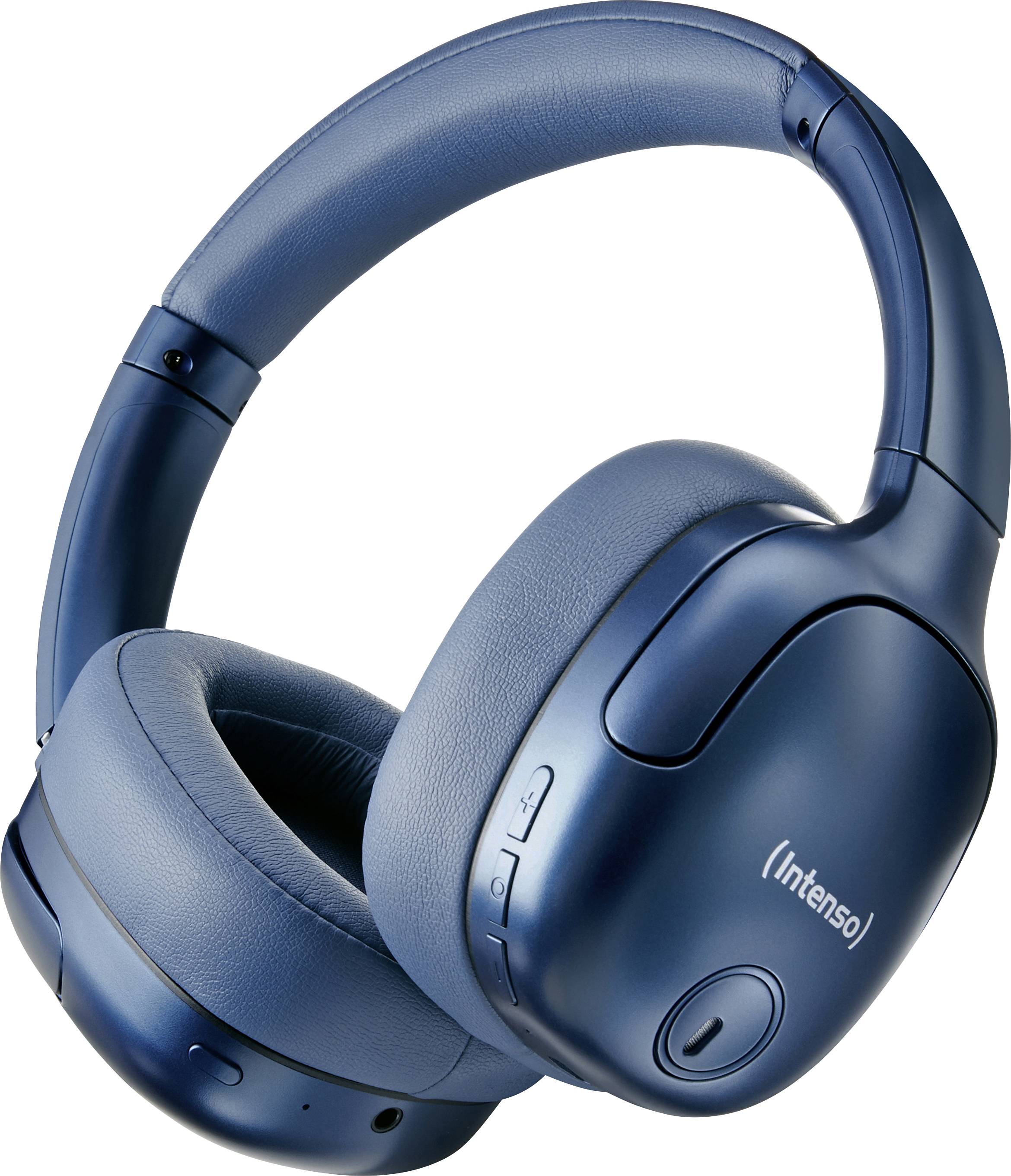Blue over-ear headphones with soft ear cushions and recognisable control elements on the side; 'Intenso' brand visible.