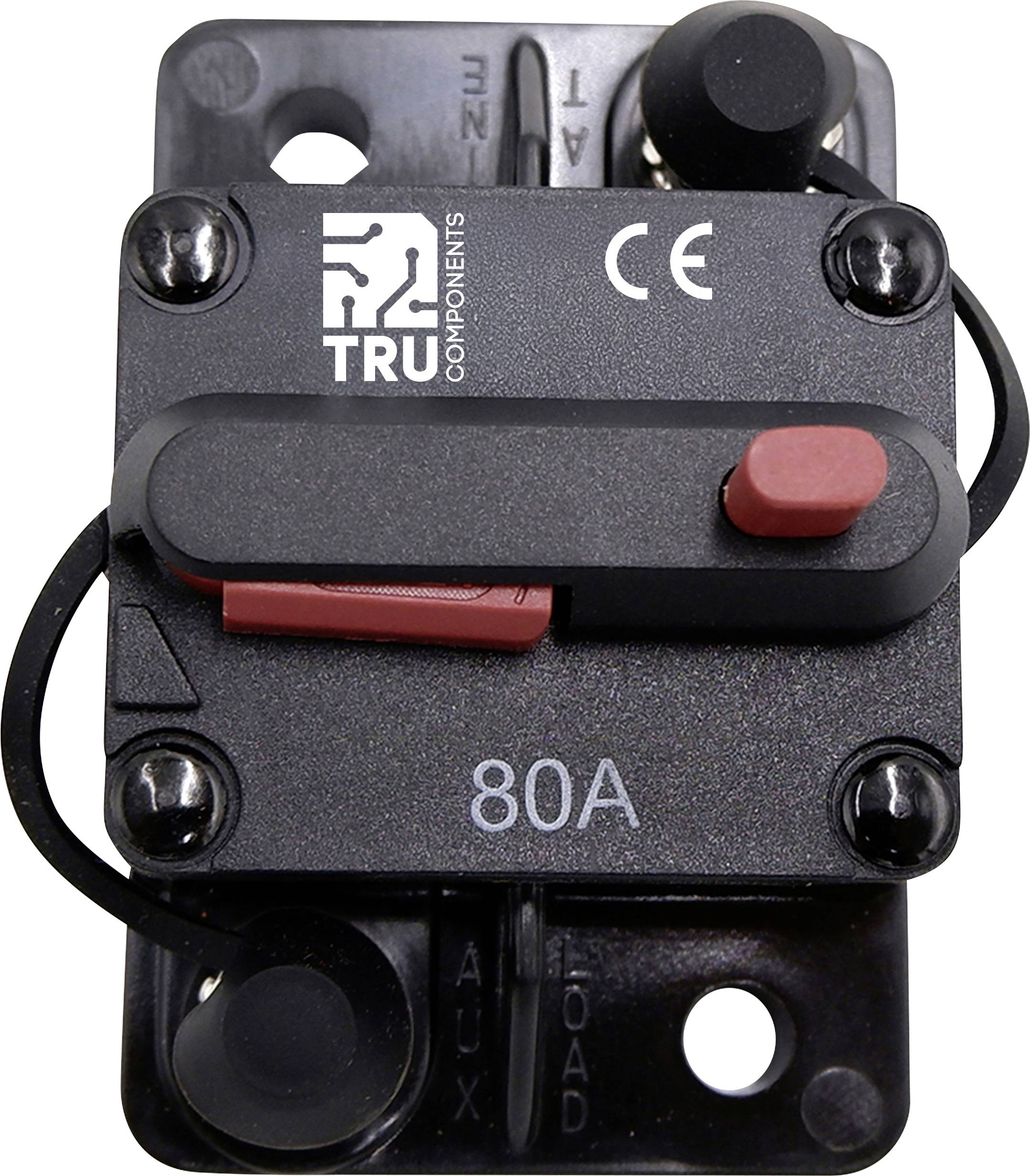 Black protective switch with a red lever, marked with '80A'. A logo and the text 'TRU Components' at the top.