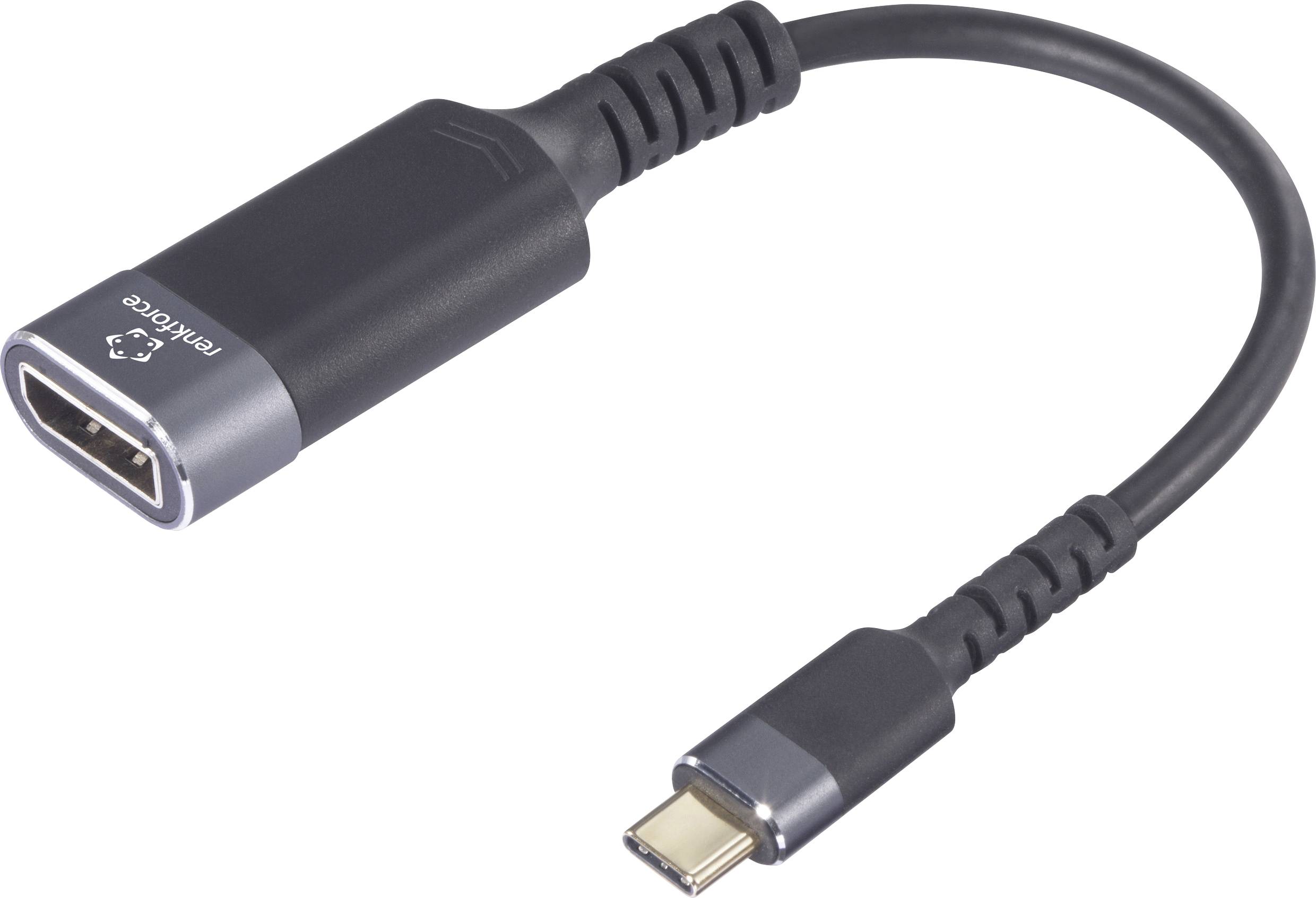 A USB-C to HDMI adapter with flexible cable, black housing and HDMI connector. Used to connect devices.