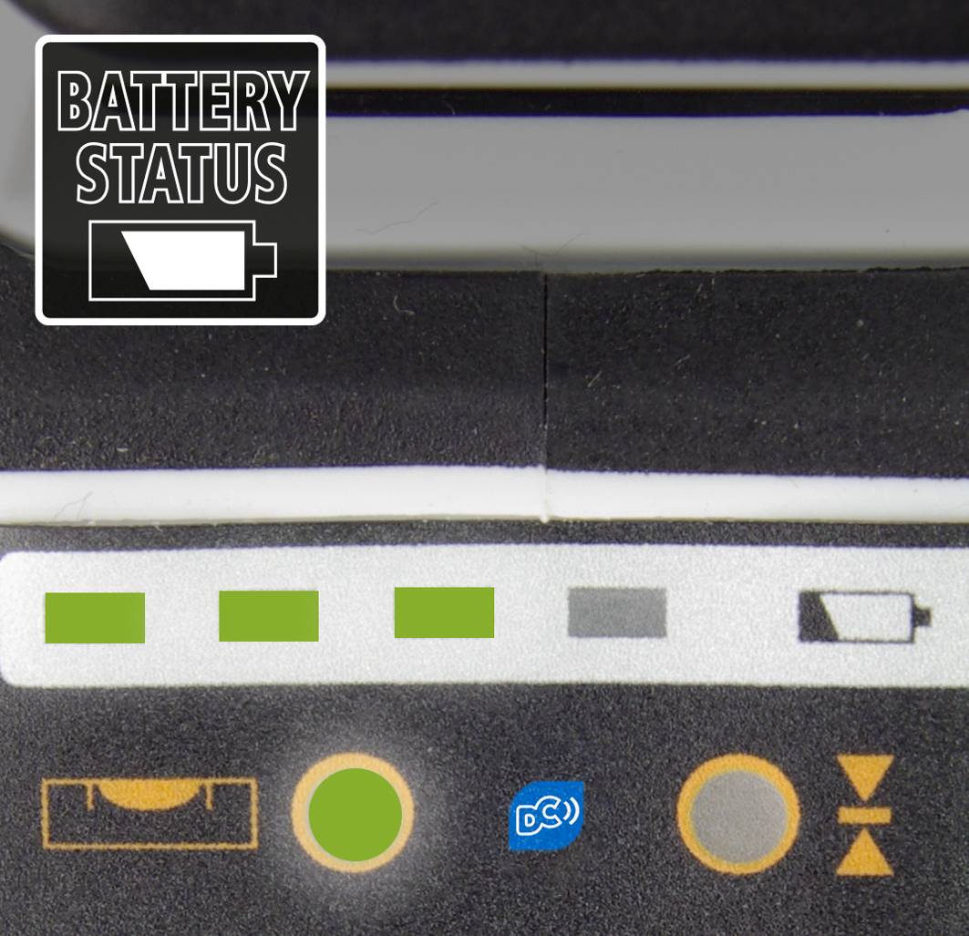 'Battery Status' display with four out of five green bars. Low charge indicator with an exclamation mark and DCS symbol.