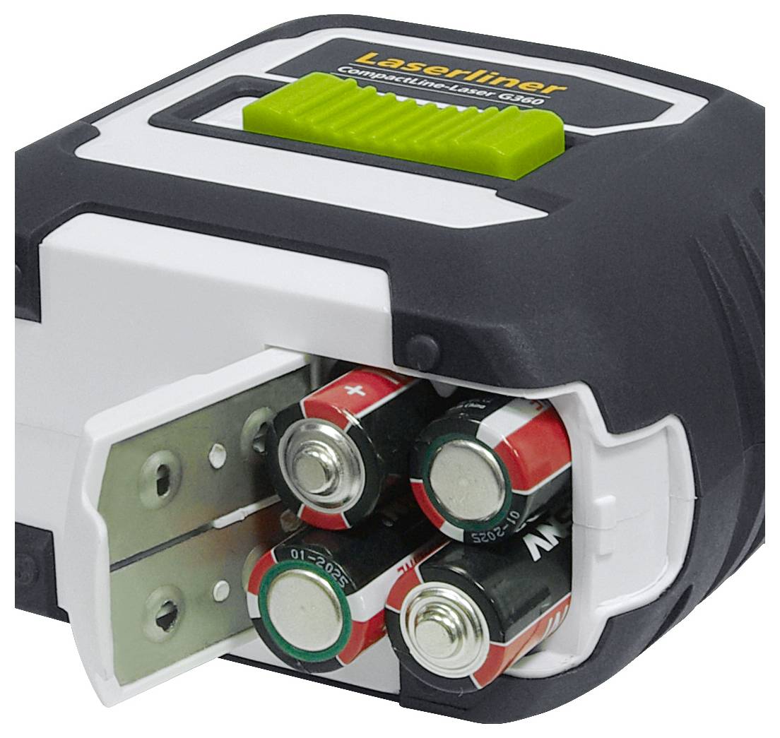 Laser measuring device with open battery cover and four inserted AAA batteries, showing battery replacement.