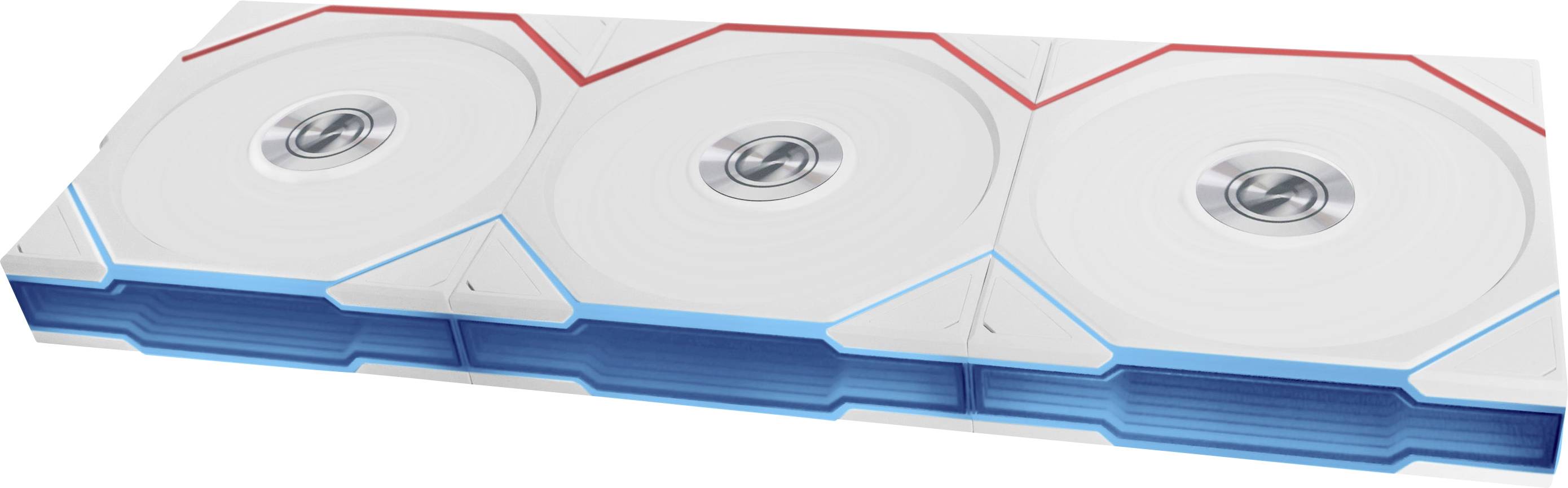 White GPU with blue and red geometric design and three round fans, used for high-performance computing or gaming.