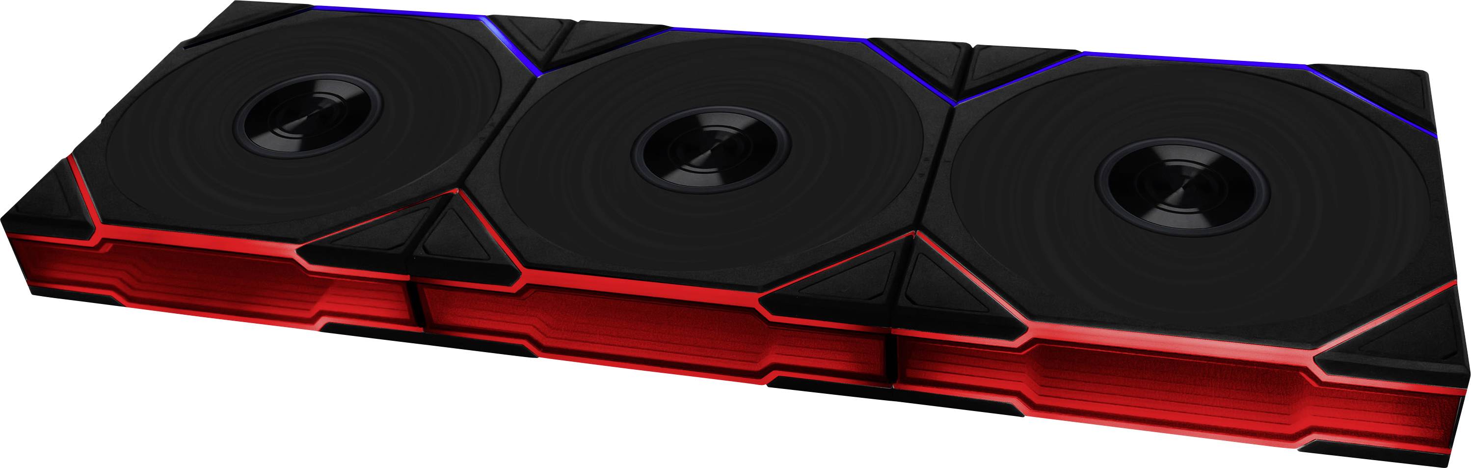Graphics card with three fans and illuminating red and blue accents, designed in a modern and high-performance style for gaming PCs.