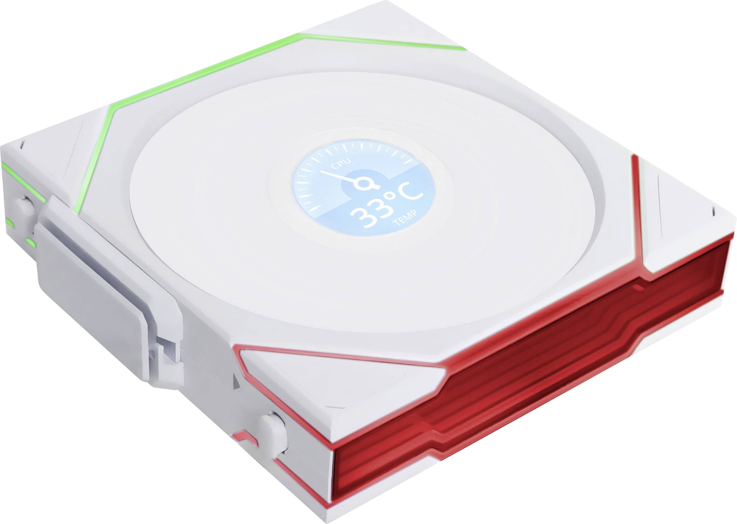 A futuristic device with red and green design, displaying a temperature reading of 33°C. Could be a digital thermometer.