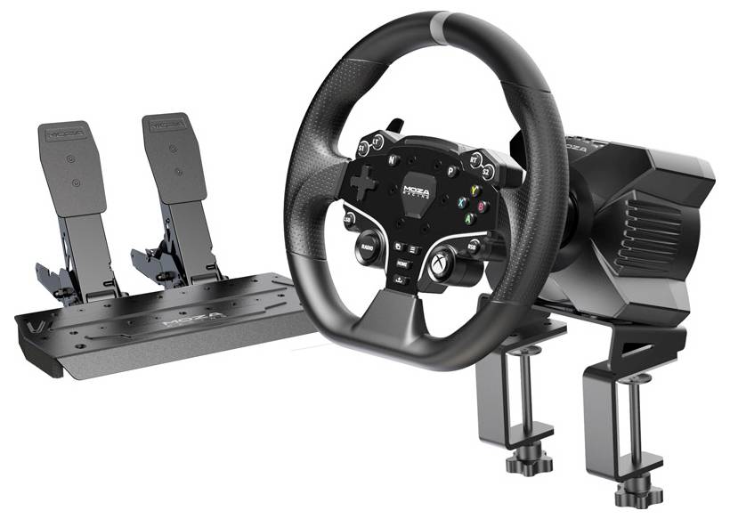 Steering wheel and pedal set for car racing simulators, comprising a black leather steering wheel with buttons and two pedals on a mounting bracket.