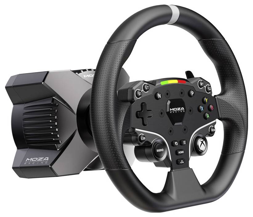 Moza Racing steering wheel system, black and ergonomically designed, with various buttons and control elements for racing simulations.
