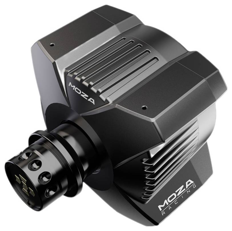 Black Moza Racing steering wheel base with ventilation slots and connection socket, offering robust control for racing simulations.