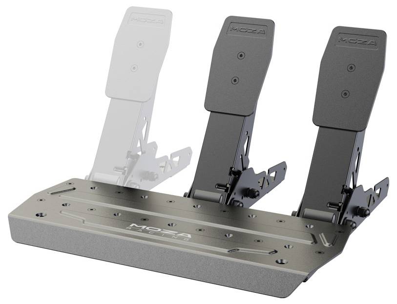 Triple pedal system with a black surface and silver base. One of the pedals is semi-transparent, suggesting adaptability.