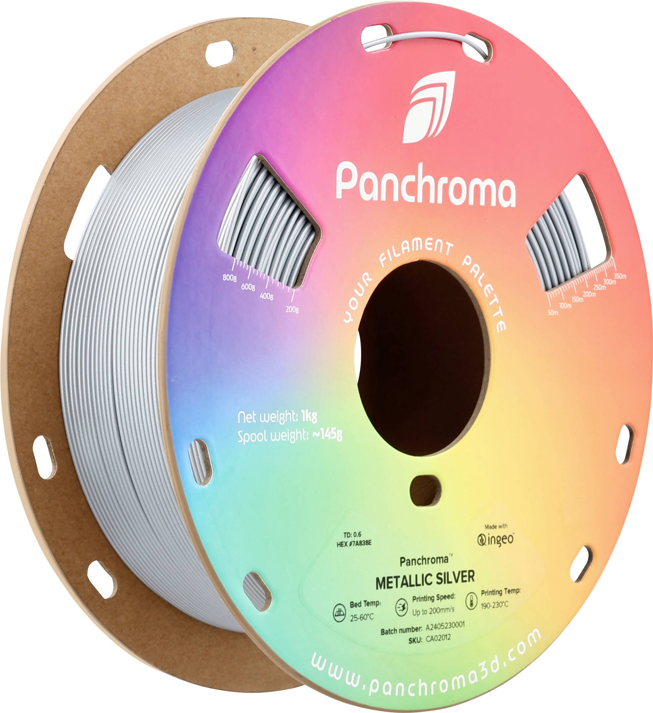Filament spool in metallic silver tone with rainbow design. Contains 1 kg of filament for 3D printers. Brand: Panchroma.