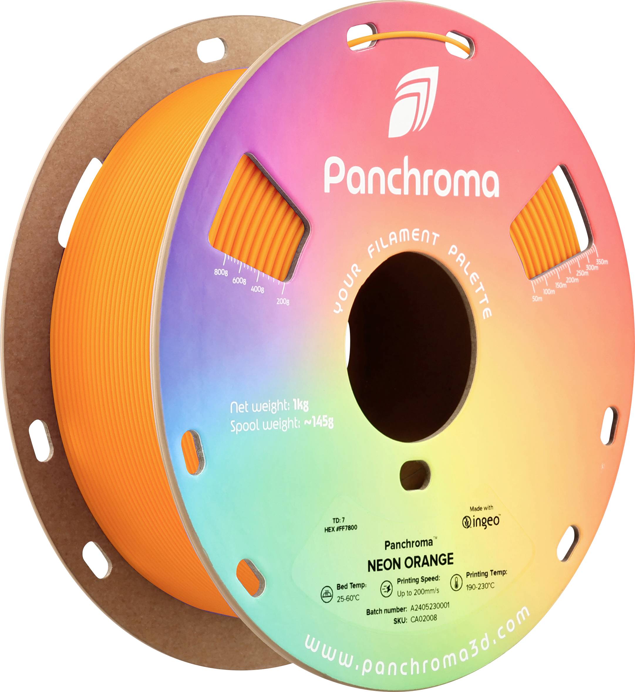 Orange 3D printing filament spool in cardboard box with 'Panchroma' brand print. Net weight: 1 kg, spool weight: 145 g.