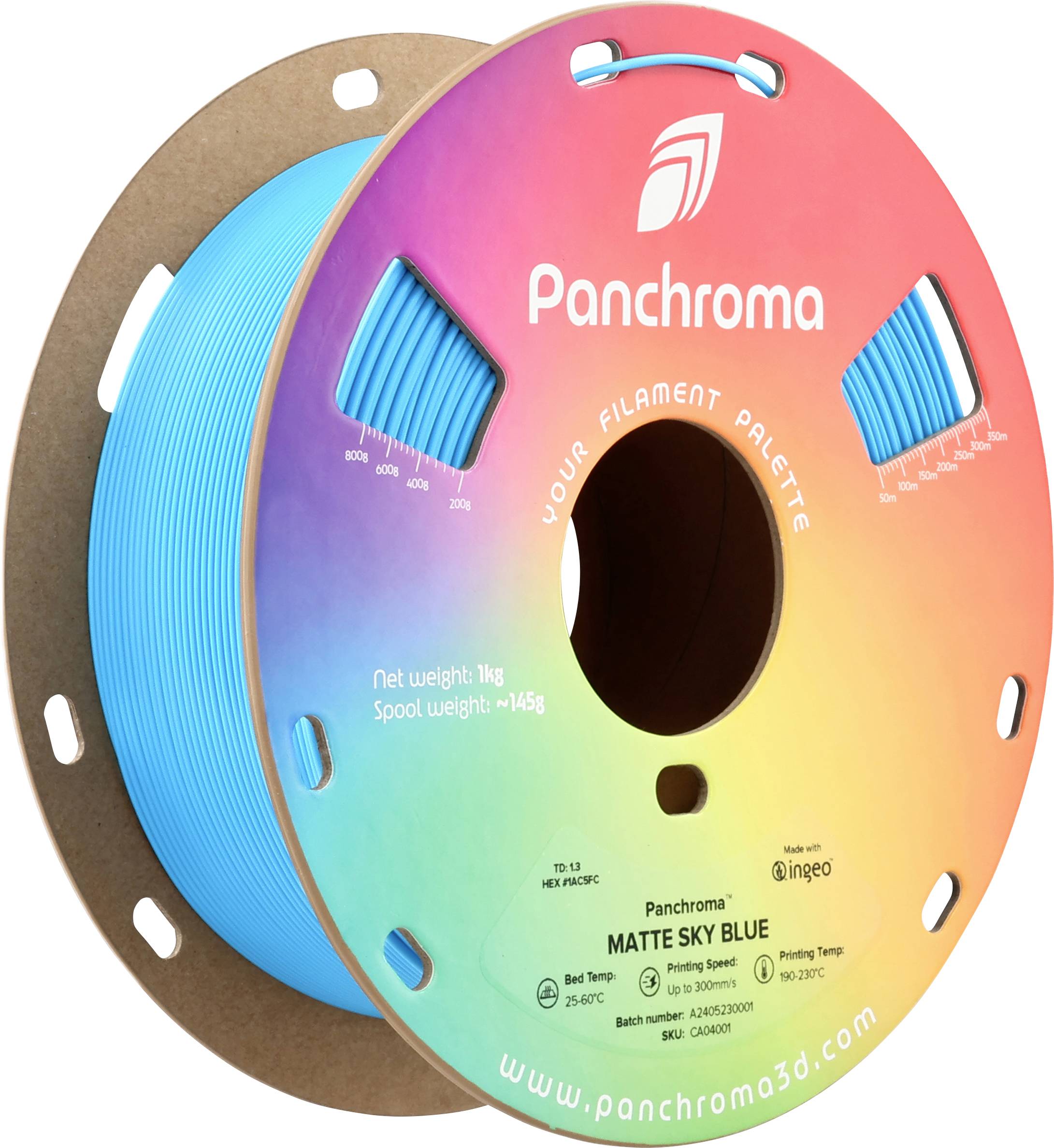 Filament spool from Panchroma in 'Matte Sky Blue', 1 kg. Spool color: Blue. Suitable for 3D printers. Website: www.panchroma3d.com.