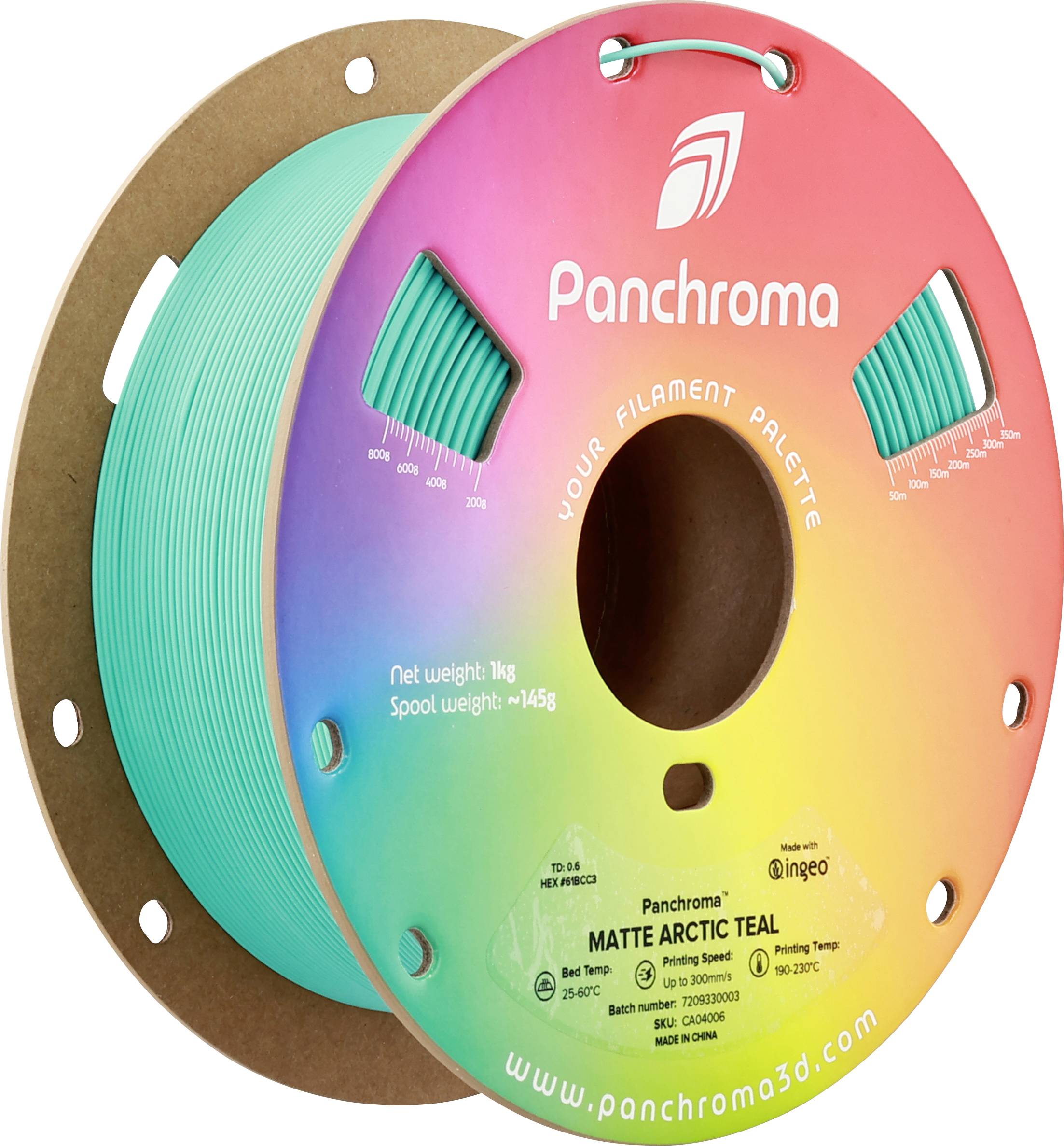 3D printing filament spool in turquoise from Panchroma, net weight 1 kg. Packaged with colorful label and inscription 'Matte Arctic Teal'.