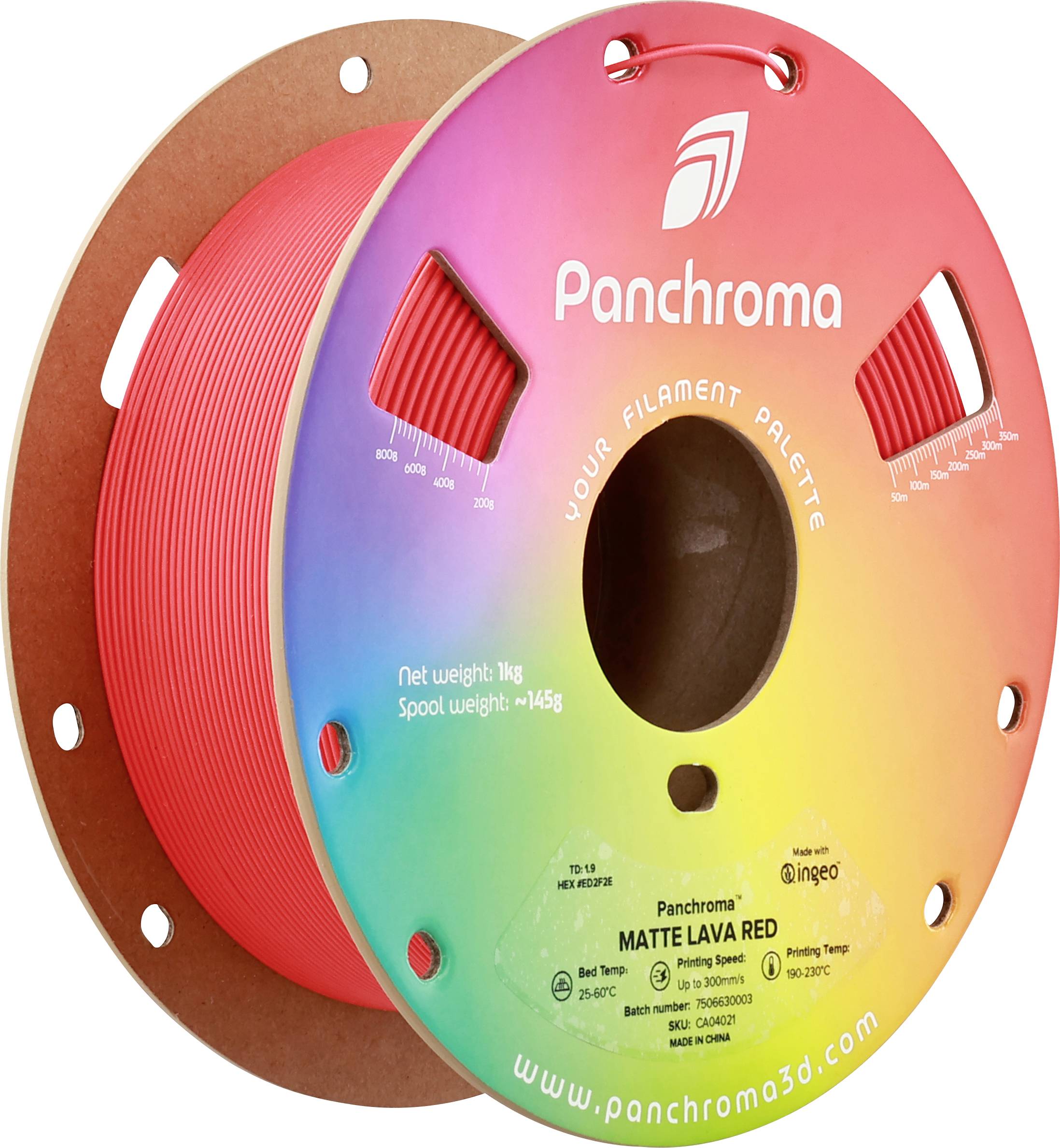 Spool with red 3D printing filament. Label shows the brand 'Panchroma'. Contains information about weight and type 'Matte Lava Red'.