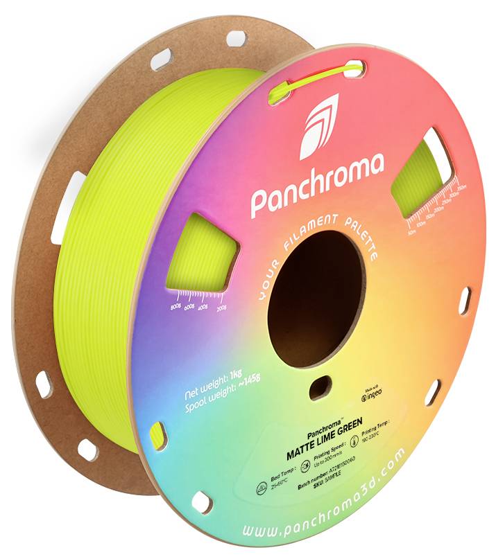 Roll of 3D printing filament in matte lime green, on a spool with colored label and markings for filament measurement.