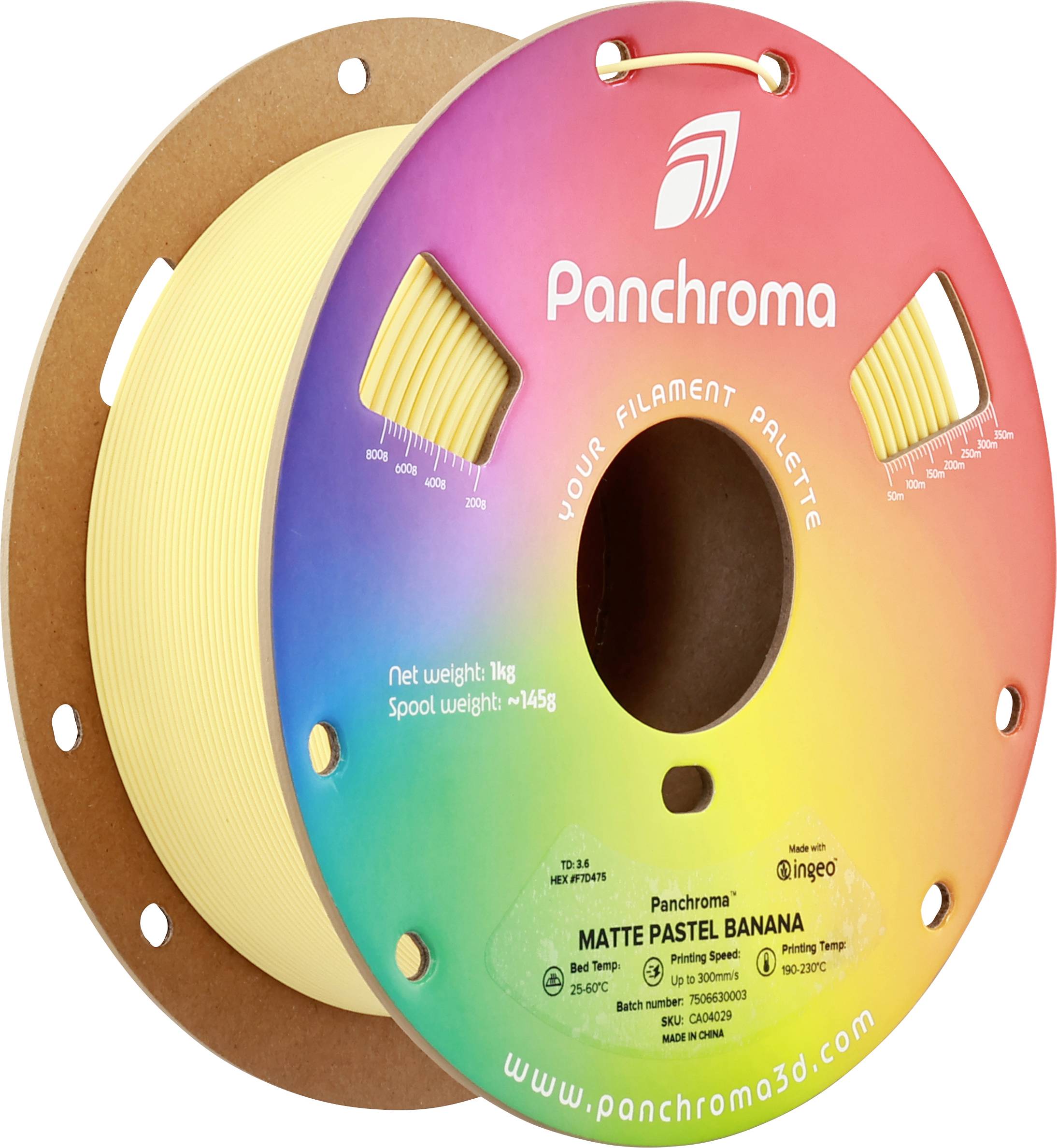 Filament spool in rainbow colors with yellow 3D printing filament. Labeled with the brand 'Panchroma' and the color name 'Matte Pastel Banana'.