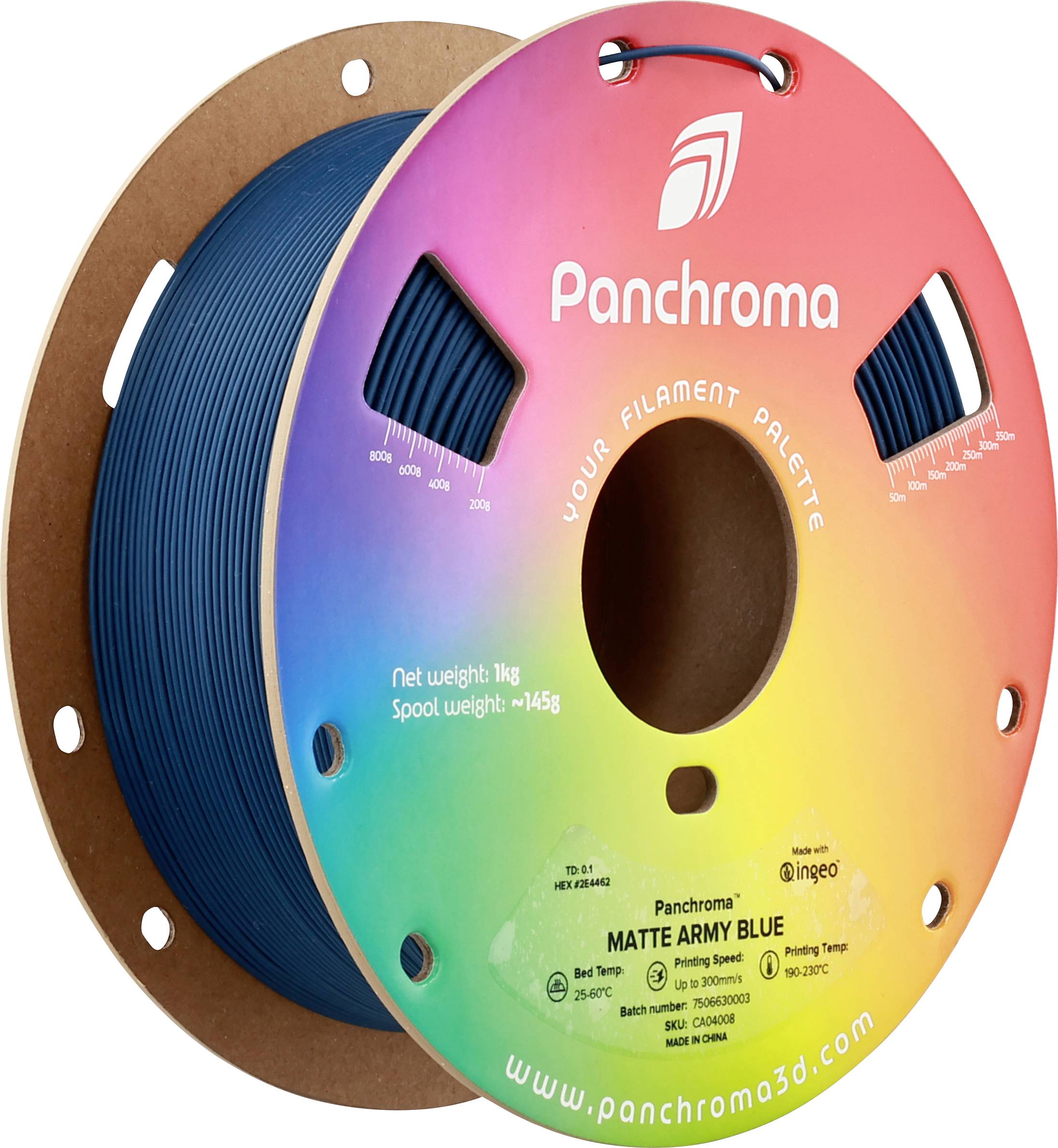 Colored spool of 3D printing filament labeled 'Panchroma', designed in a rainbow pattern. The filament thread is dark blue.