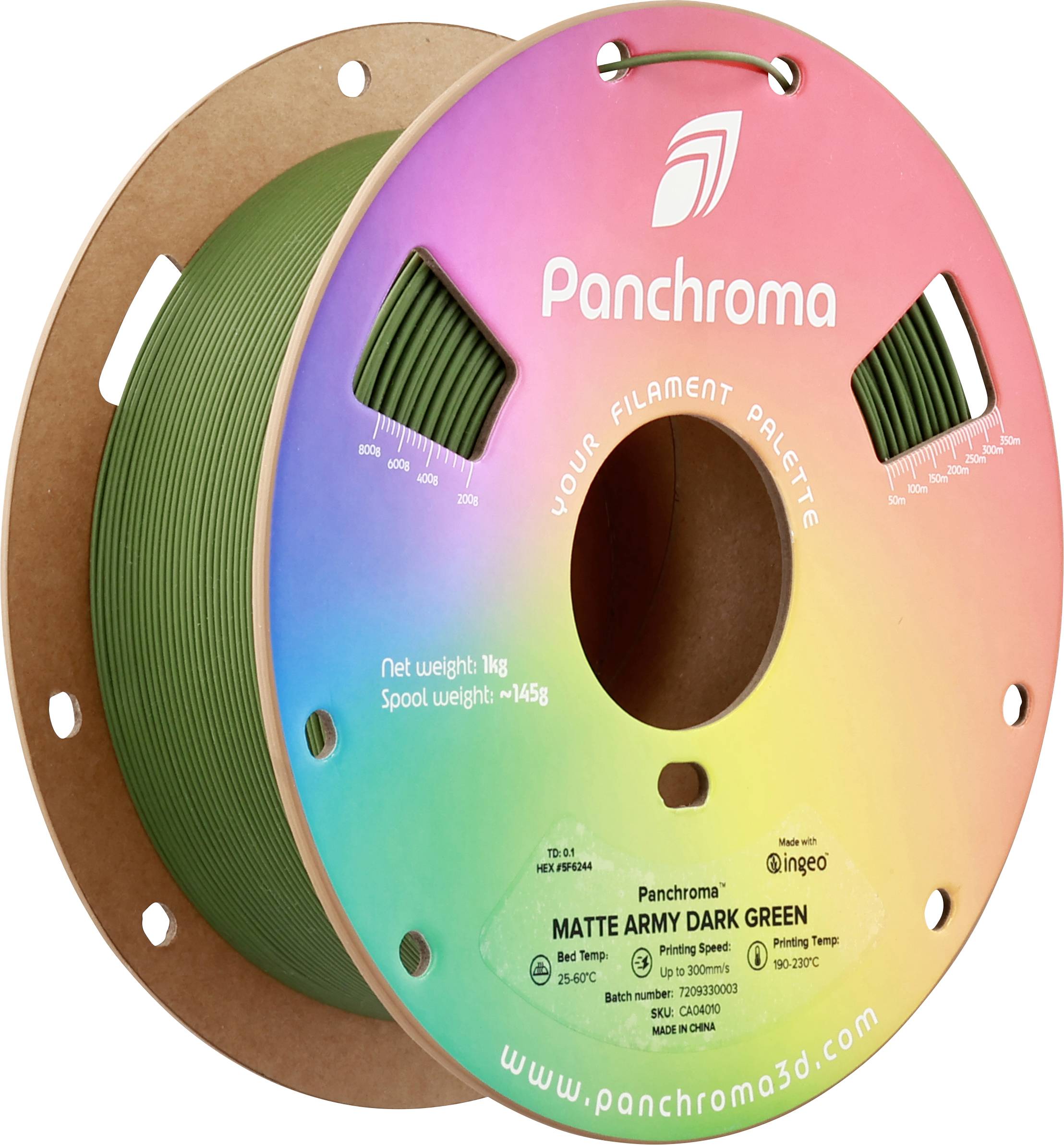 A spool of 3D printer filament in the color 'Matte Army Dark Green'. The label shows brand name and weight specifications.