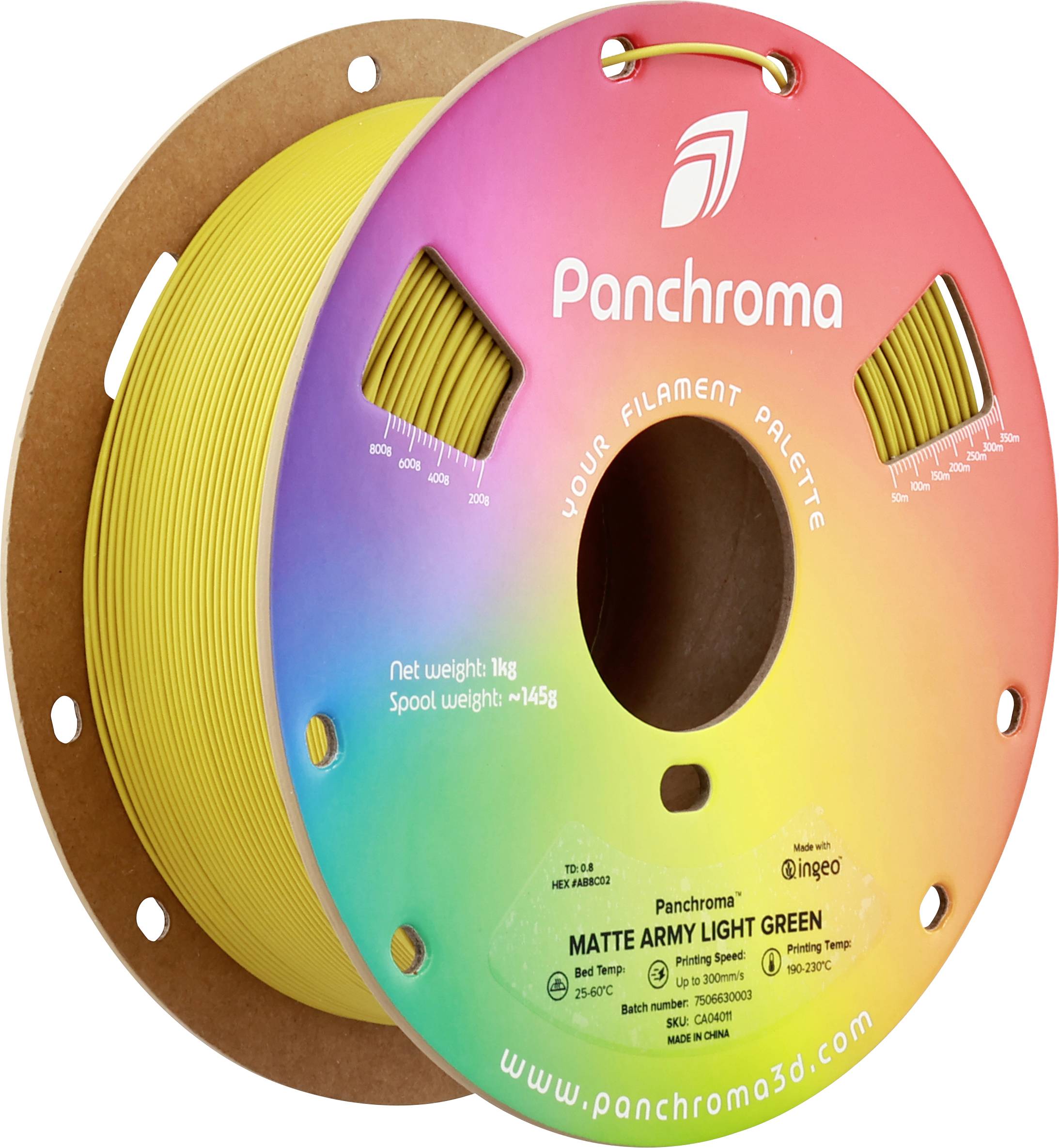 'Panchroma' 3D printer filament spool, matte army green filament, 1 kg net weight, rainbow gradient design.