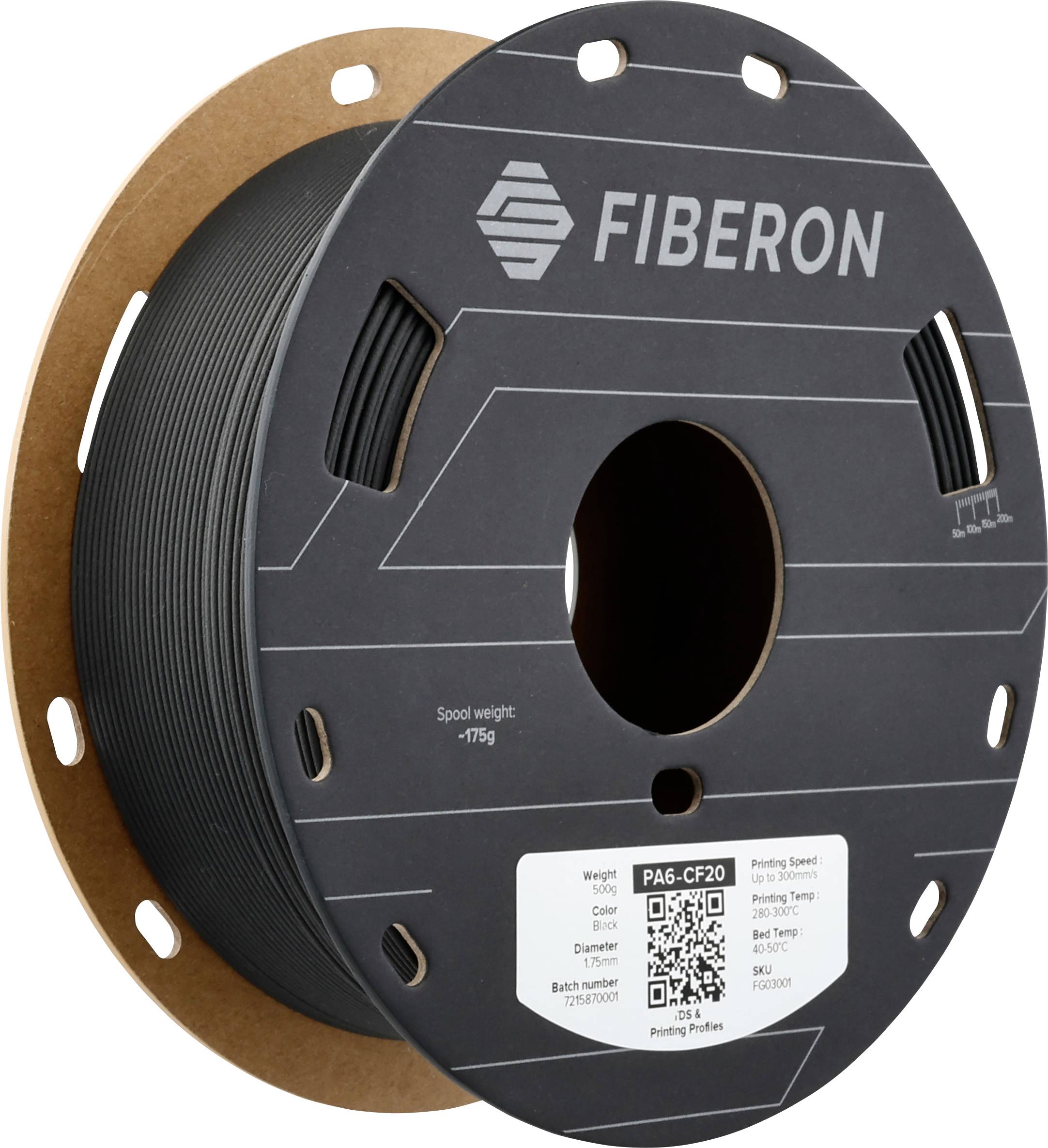 Black-gray spool of 3D printer filament from FIBERON, model PA6-CF20. Sticker shows technical details and a QR code.