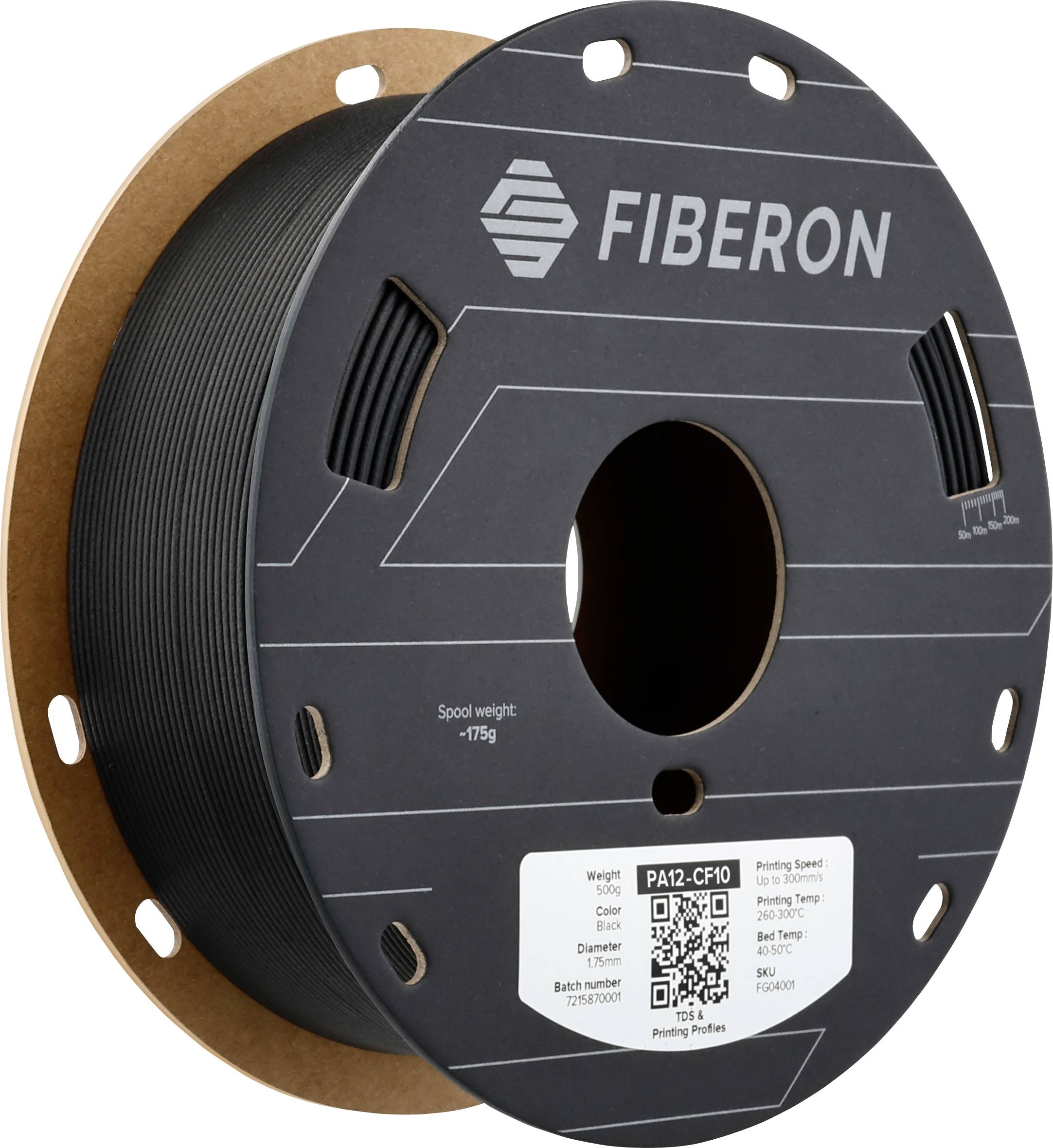 Black 3D printer filament spool with the 'FIBERON' logo and technical specifications on the label, including weight and printing temperature.