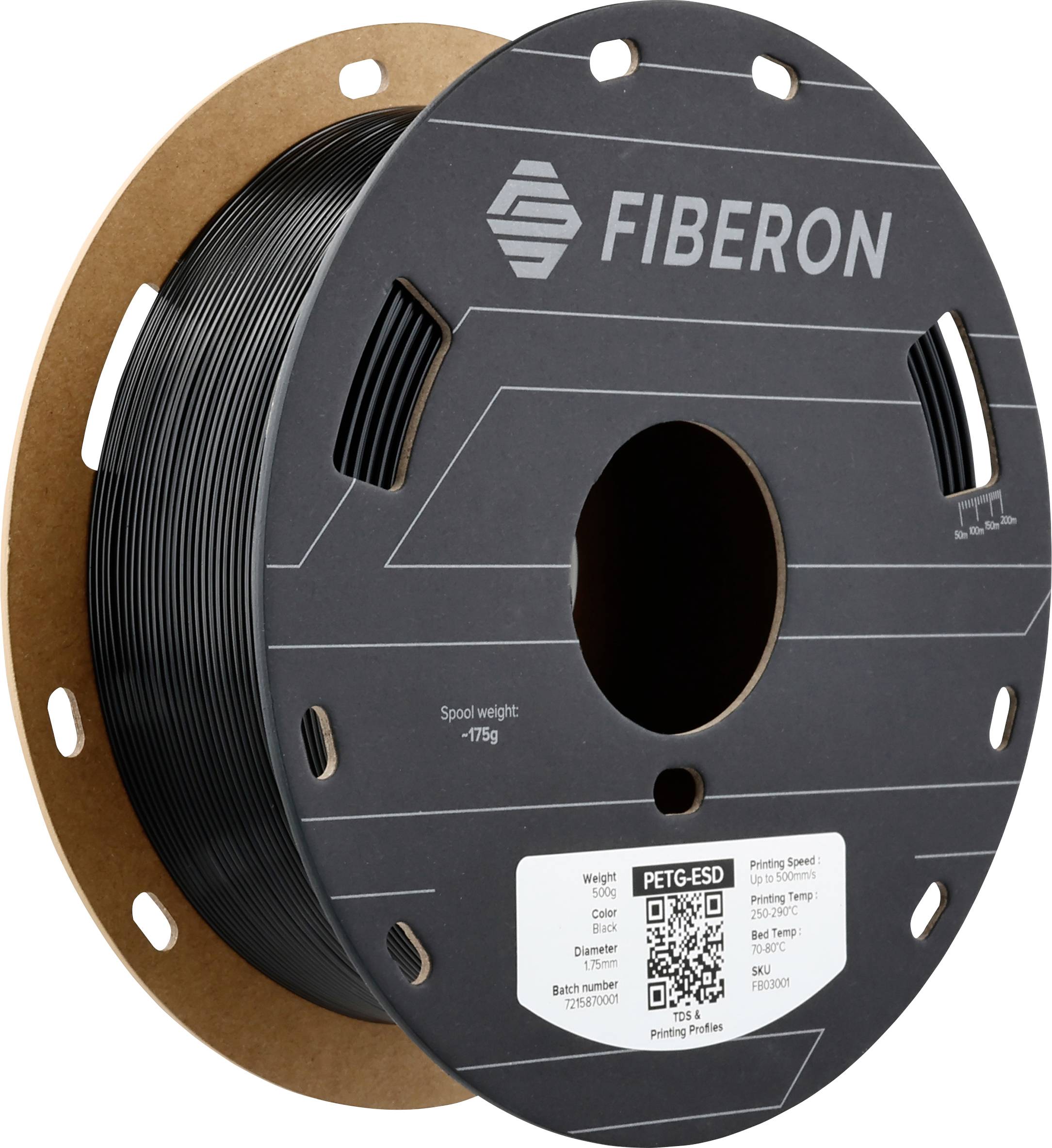 3D printer filament spool from Fiberon, model PETG-ESD. Spool contains 750 g of black filament. Label with QR code and print settings.