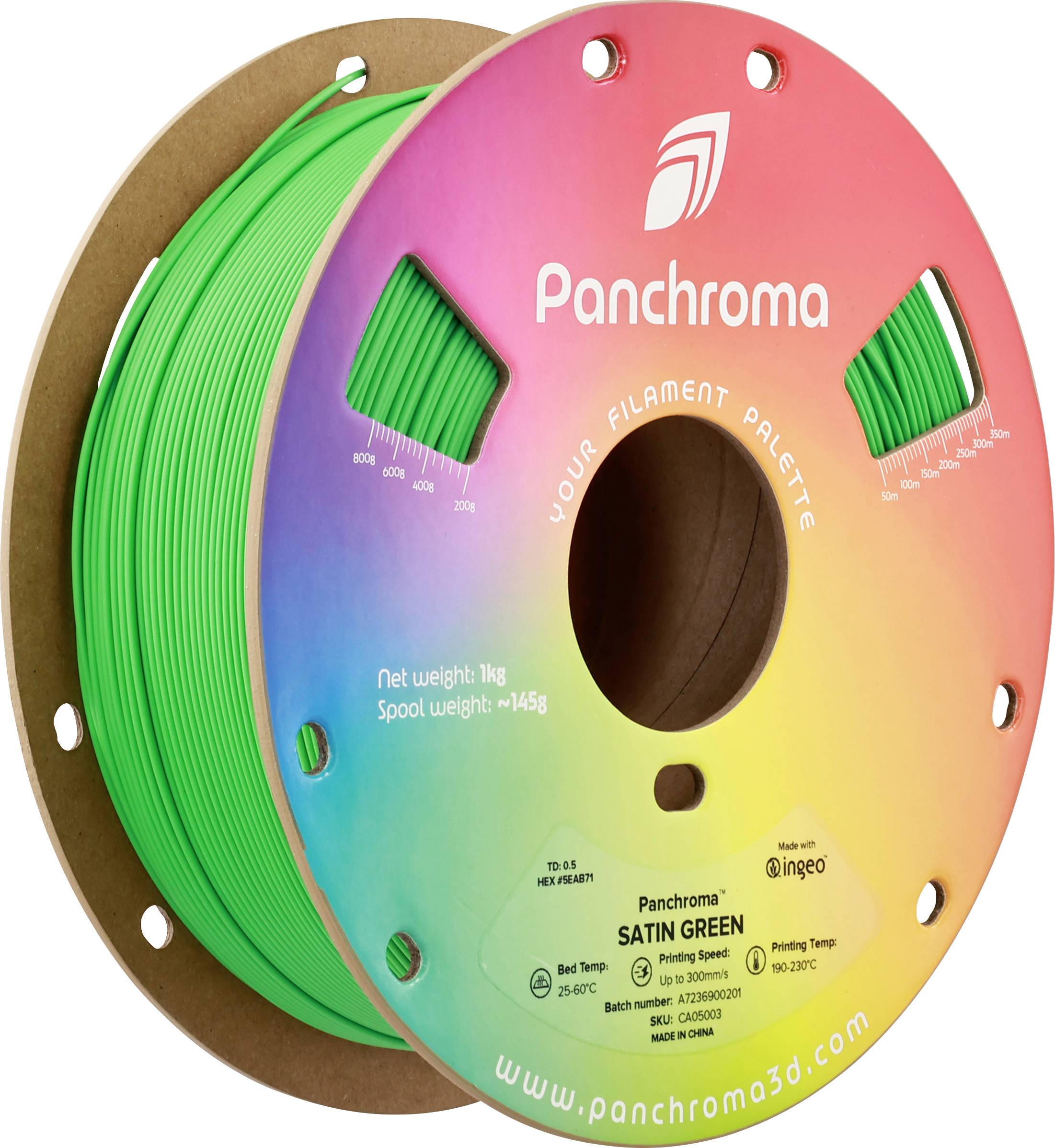 Round spool with green 3D printing filament 'Panchroma Satin Green', 1 kg, on colorful packaging, showing temperature and weight information.