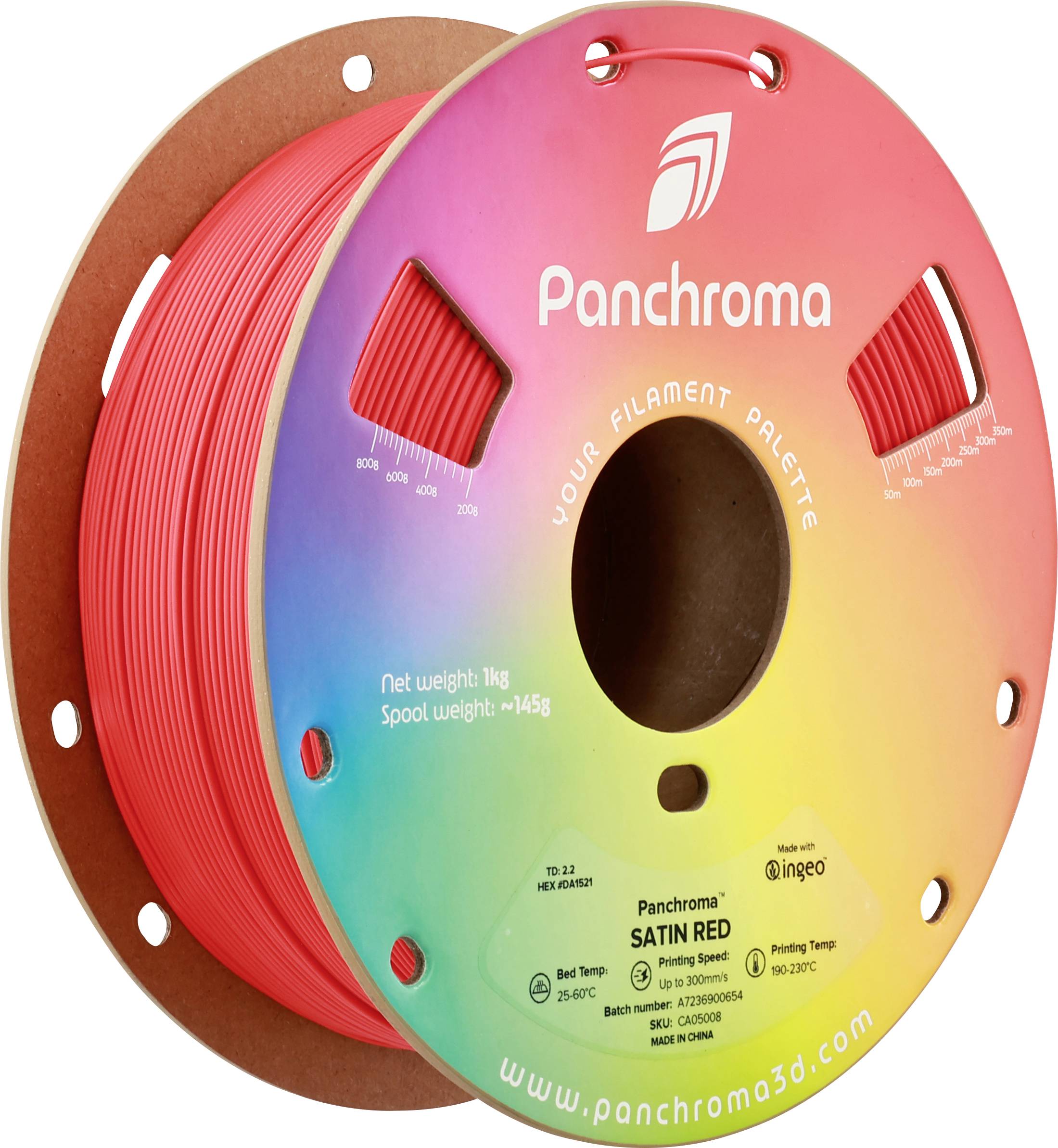 Spool with red 3D printing filament from the Panchroma brand; on colorful packaging. Weight: 1 kg. Suitable for various temperature ranges.
