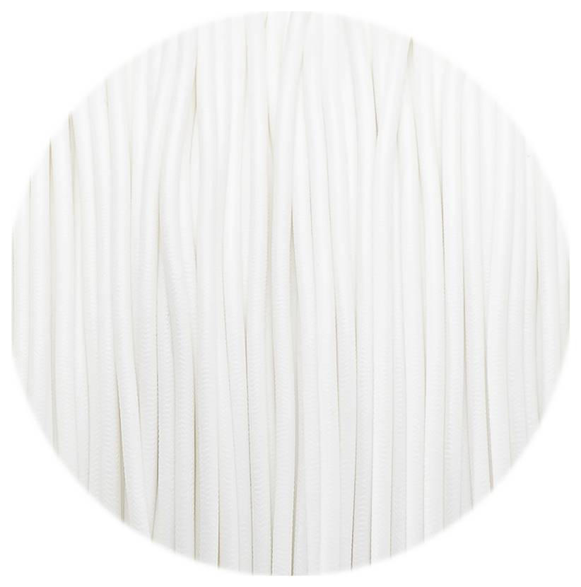 Circular image shows densely bundled, white cable or tubular material in vertical arrangement.