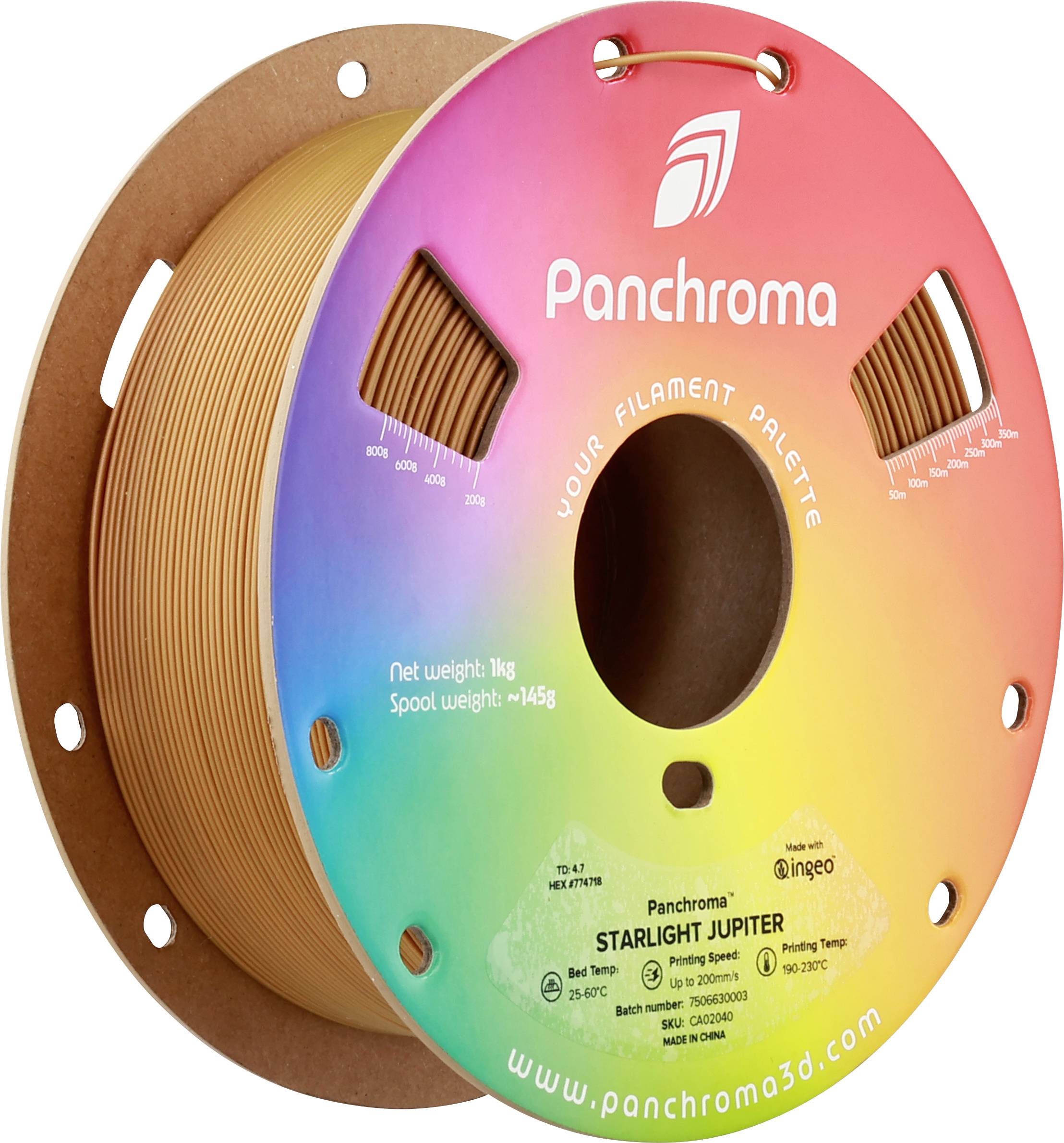 A roll of 3D printer filament from Panchroma in the color Starlight Jupiter, net weight 1 kg, spool weight 145 g, website below.