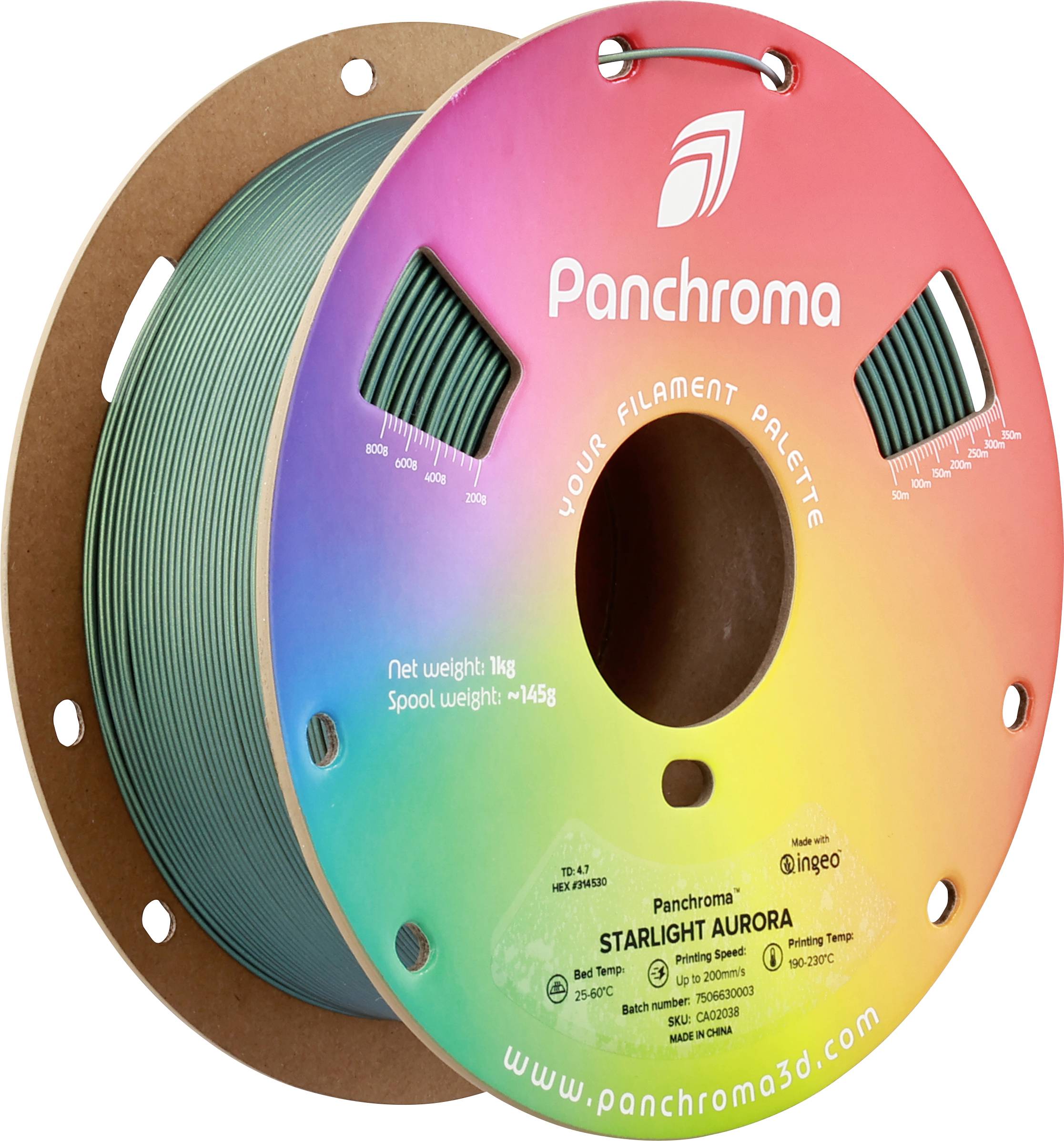A large spool of Panchroma brand 3D printing filament, color gradient from green to red on the label, product: 'Starlight Aurora'.